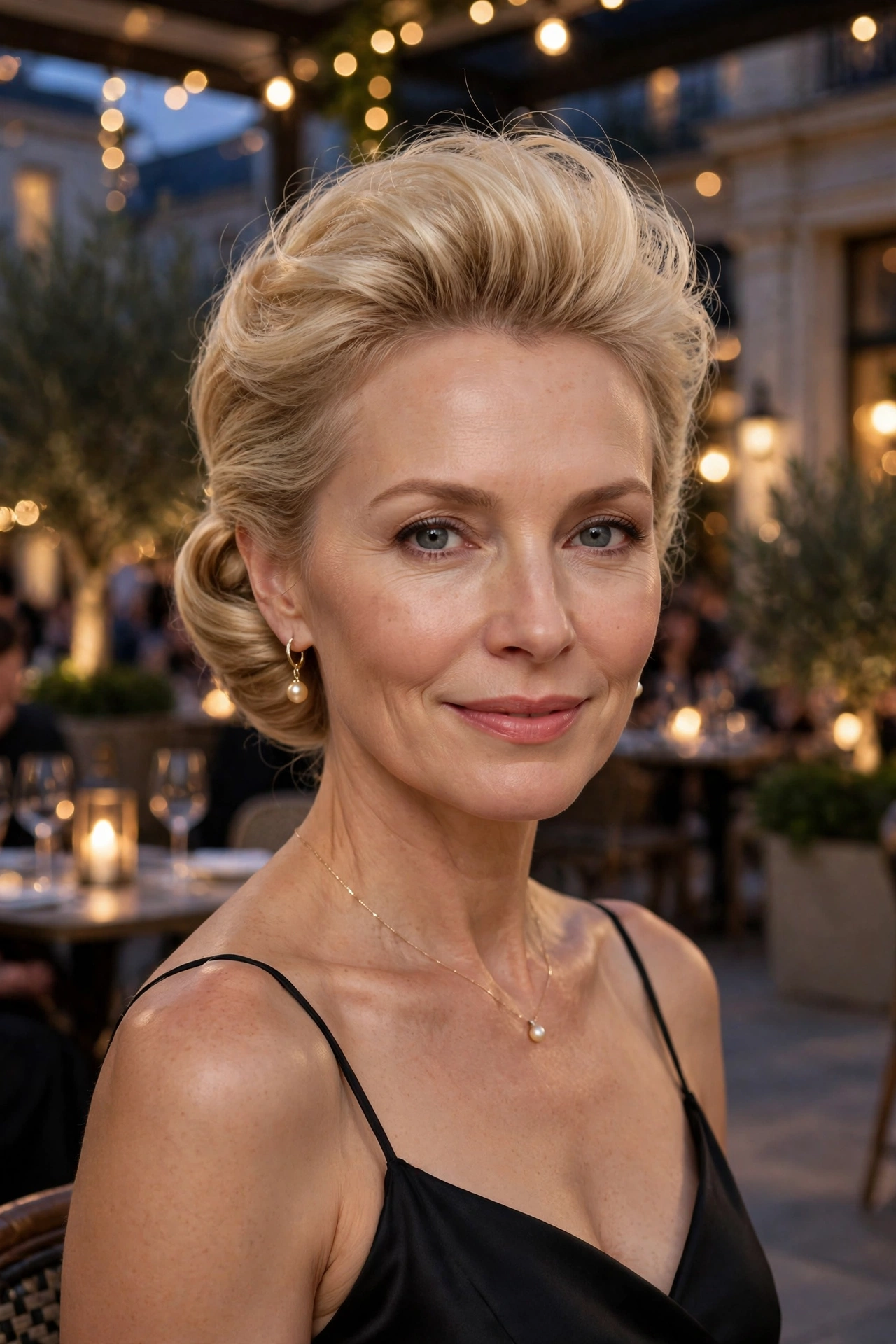 Polished chignon for fine hair with a teased crown, refined with crown lift