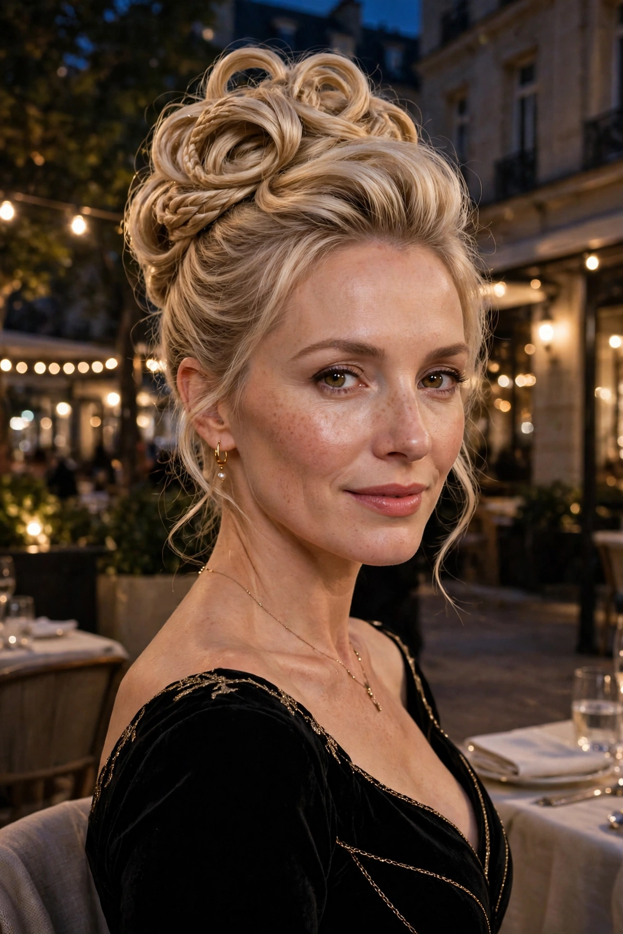 Sculptural chignon for fine hair with crown volume, softly sculpted
