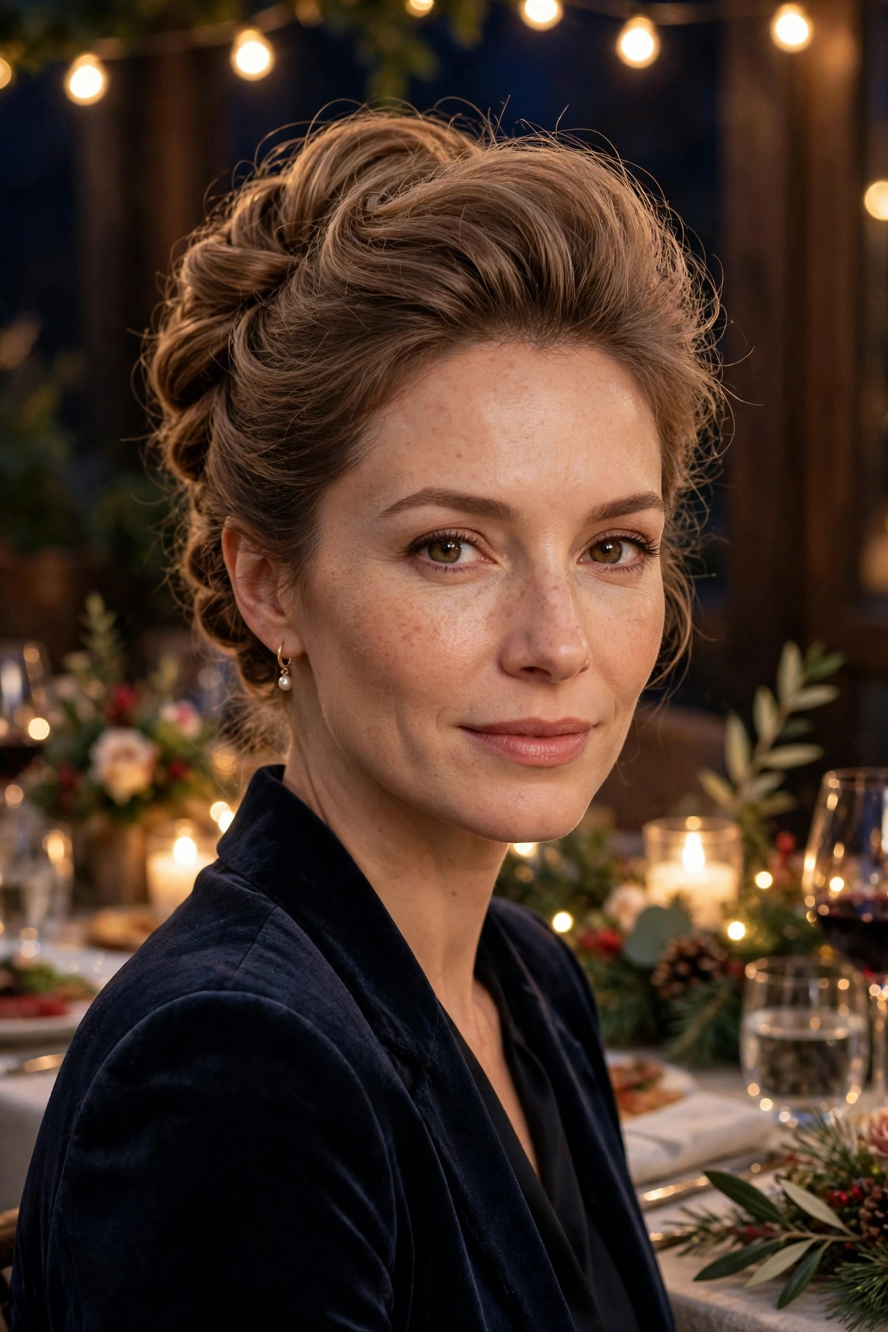 Twisted chignon for fine hair with a lifted crown, softly volumised for a festive dinner