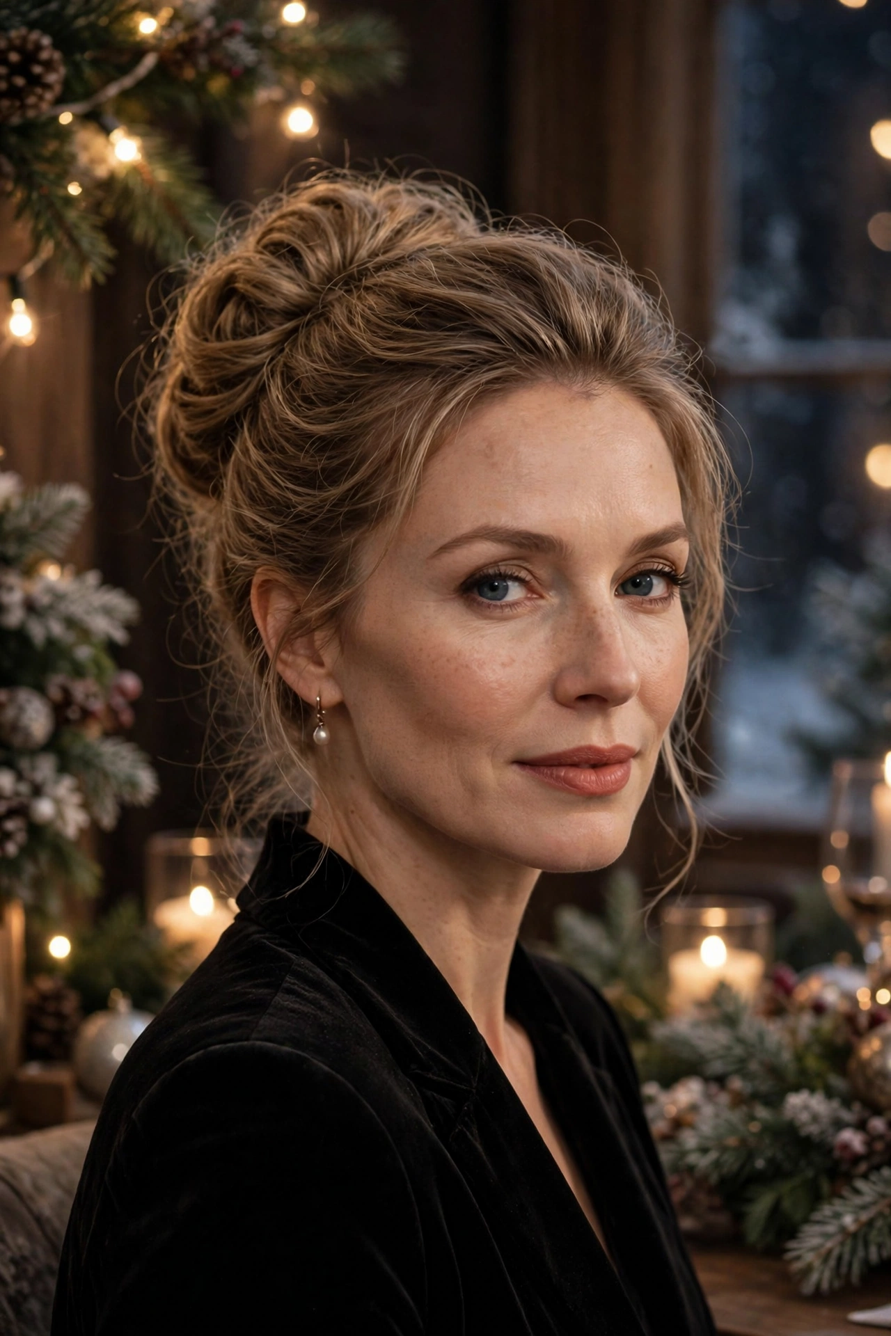 Voluminous chignon for fine hair, lightly textured for a winter party