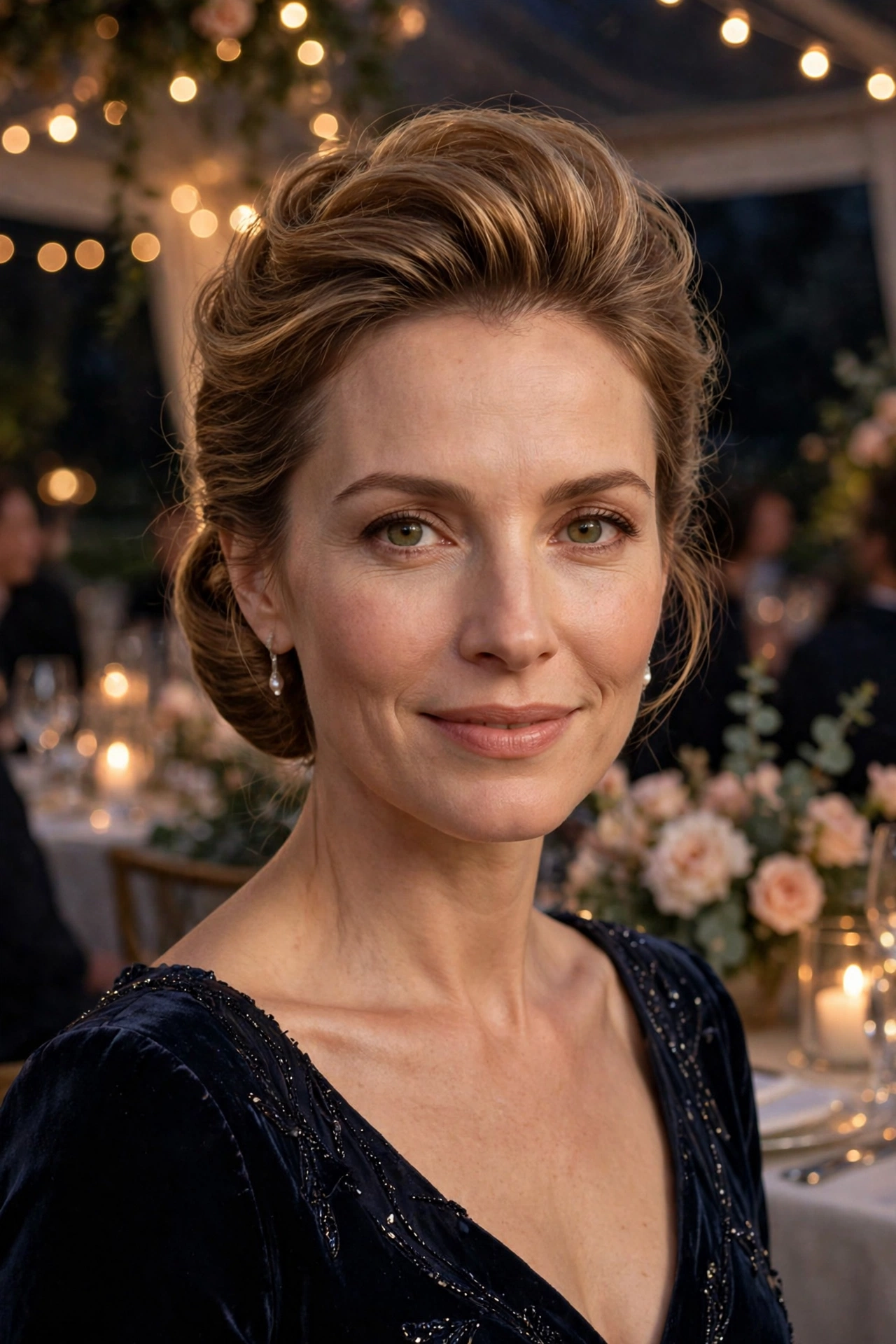 Polished chignon for fine hair with a teased crown, softly sculpted for a formal celebration