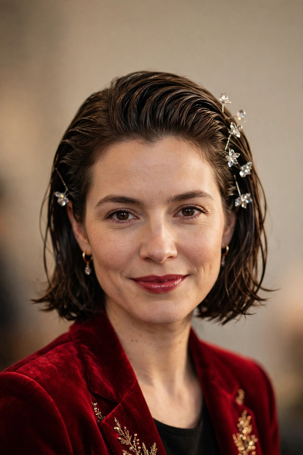 Voluminous Chin-Length Wet-Look Slick with Crystal Pins
