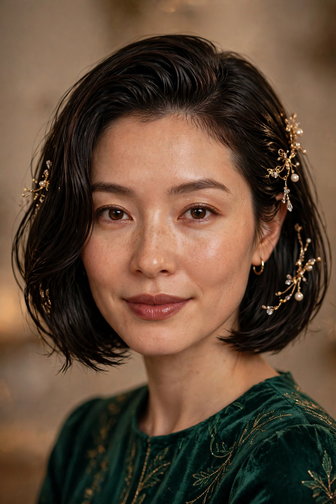 Voluminous Chin-Length Wet-Look Slick with Delicate Hair Jewellery