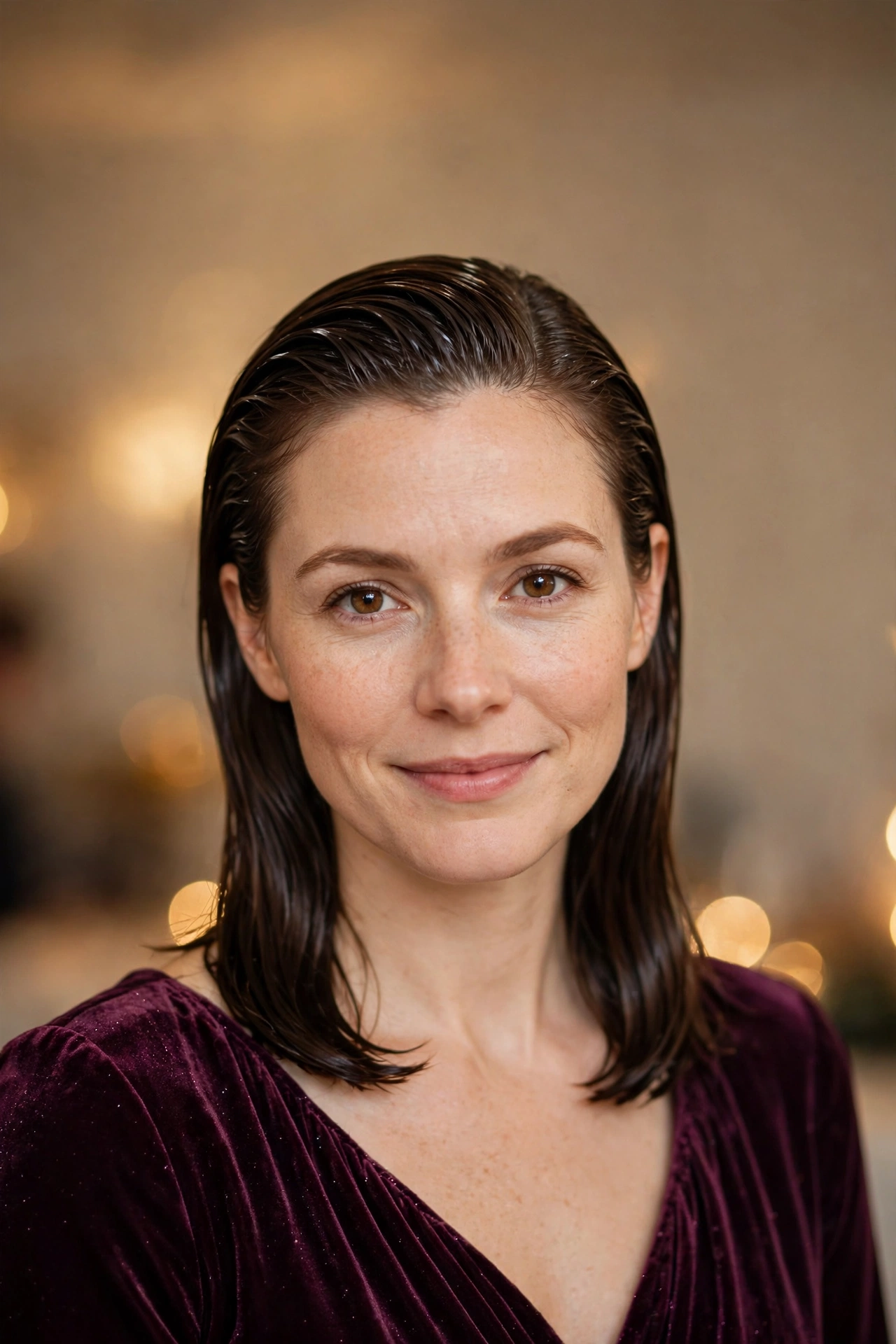Understated Collarbone-Length Wet-Look Slick with a Side Part