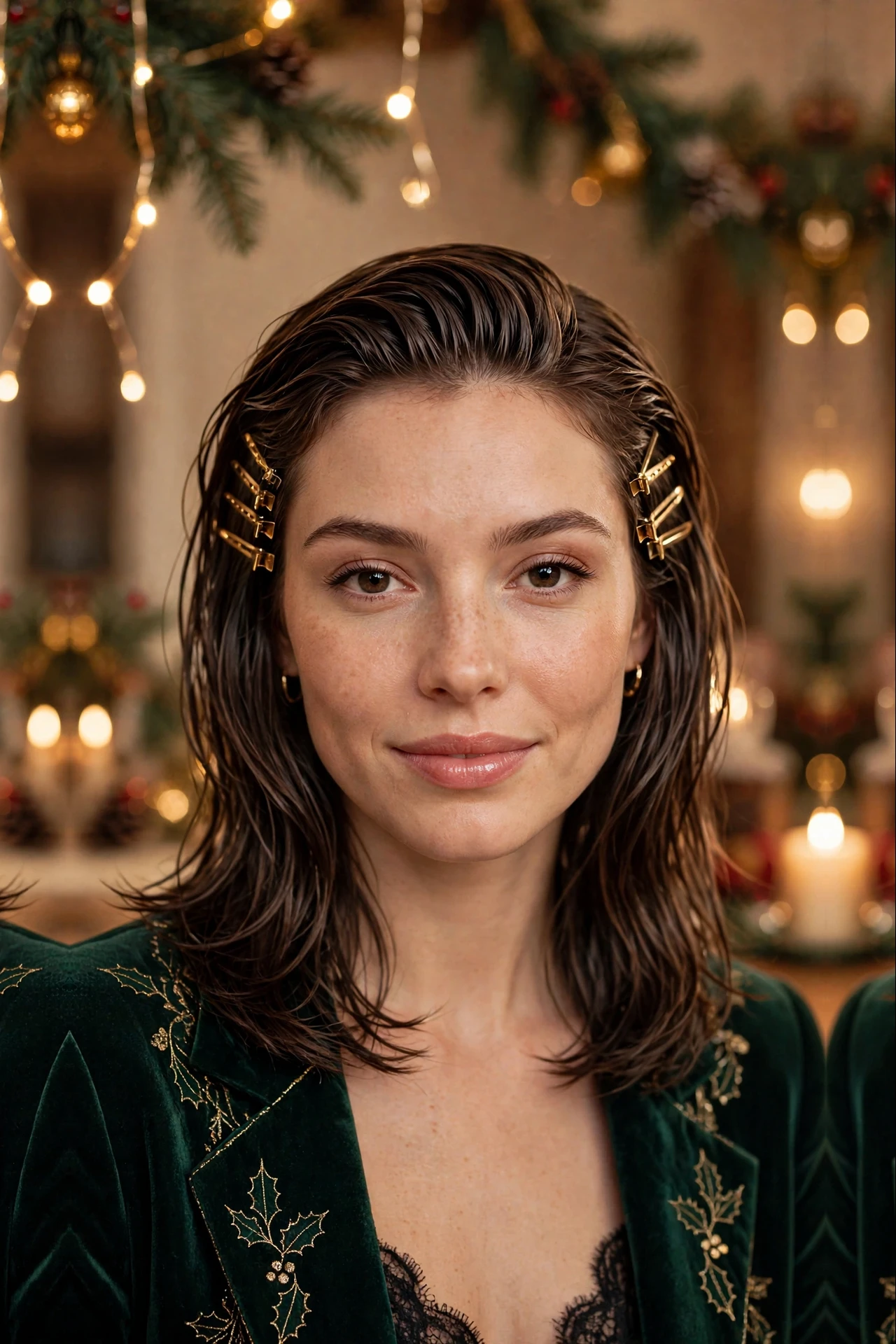 Feathered Collarbone-Length Wet-Look Slick with Gold Clips