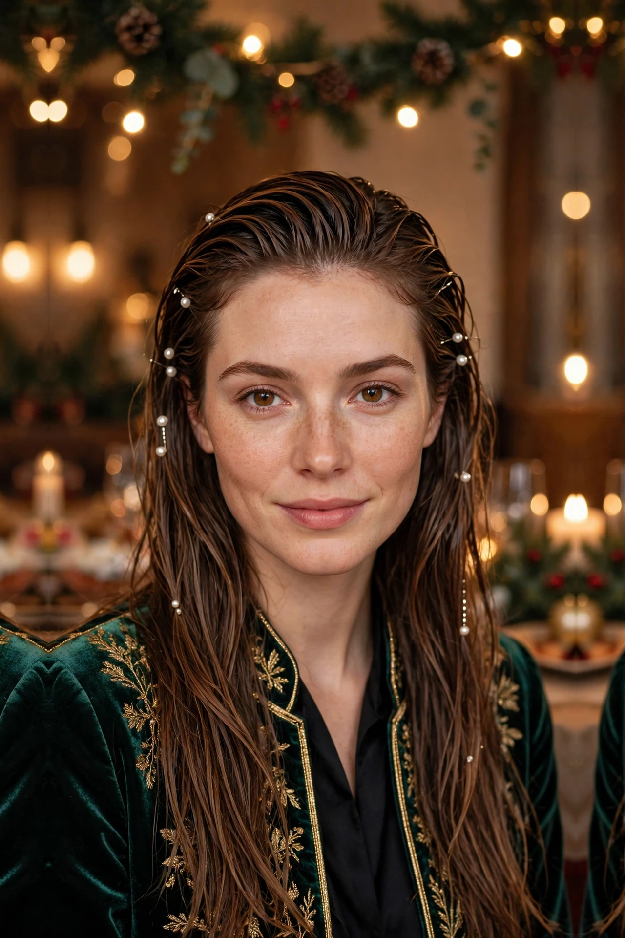 Effortless Layered Long Wet-Look Slick with Pearl Pins