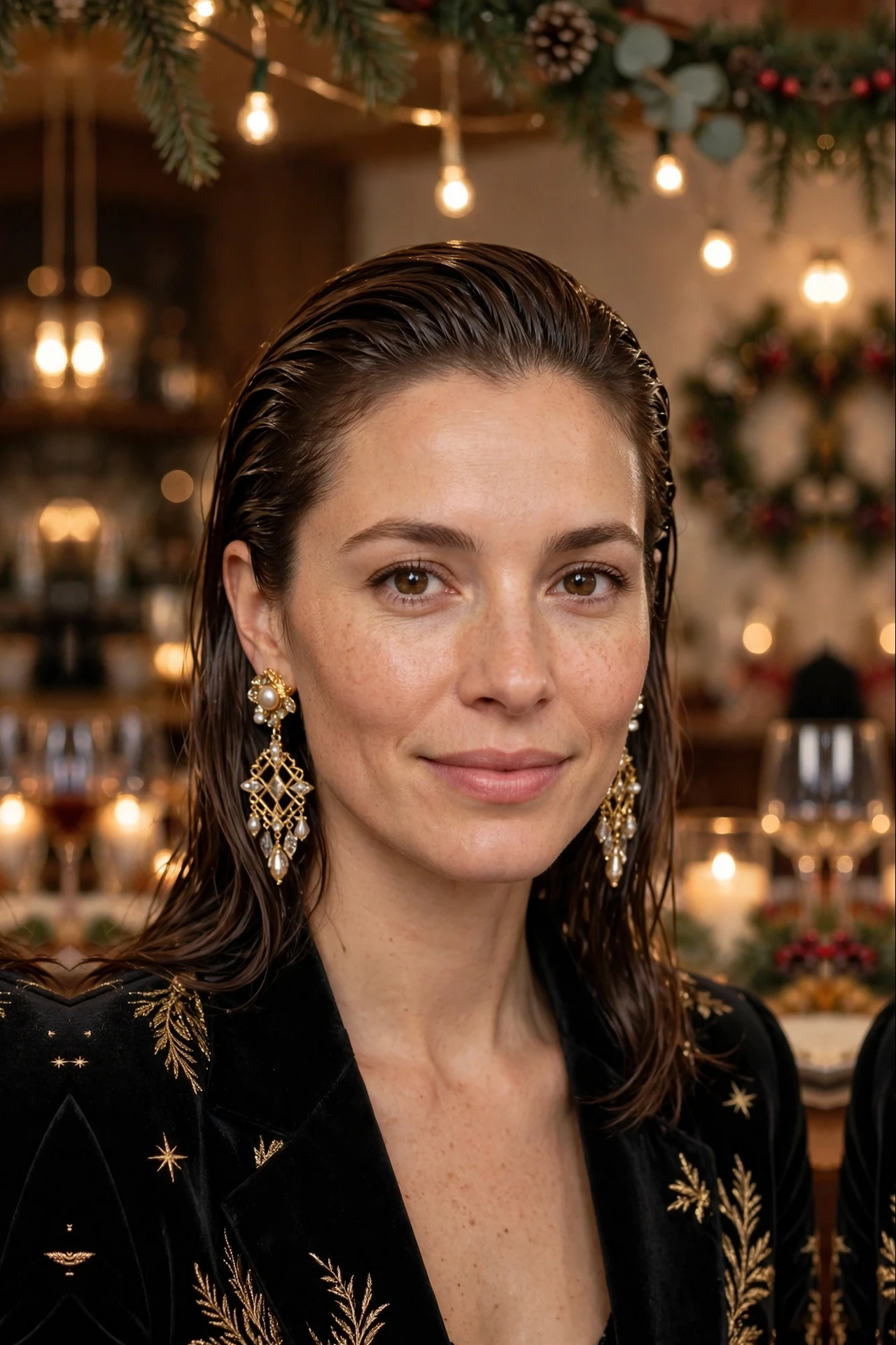 Elegant Medium-Length Wet-Look Slick with Statement Earrings