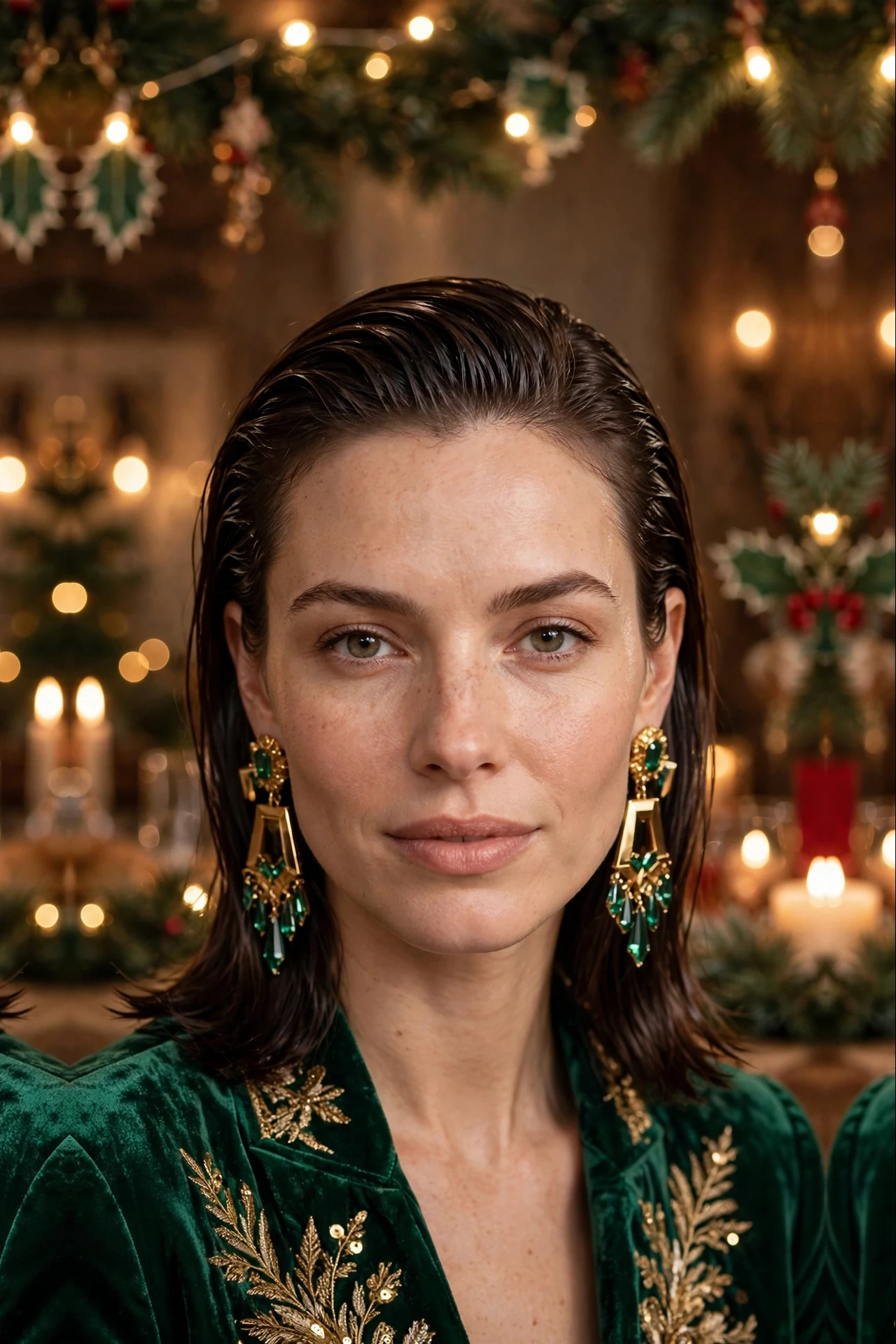 Sleek Mid-Length Wet-Look Slick with Statement Earrings