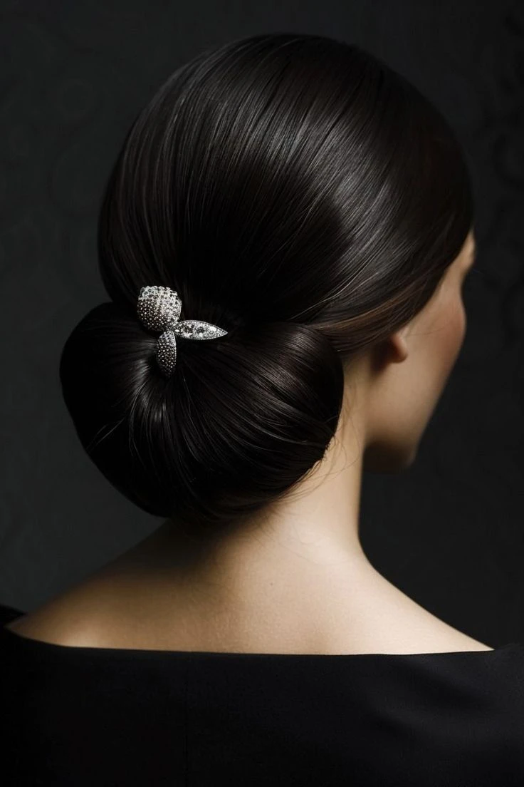 Classic Shoulder-Length Sleek Slicked Chignon with Crystal Pins