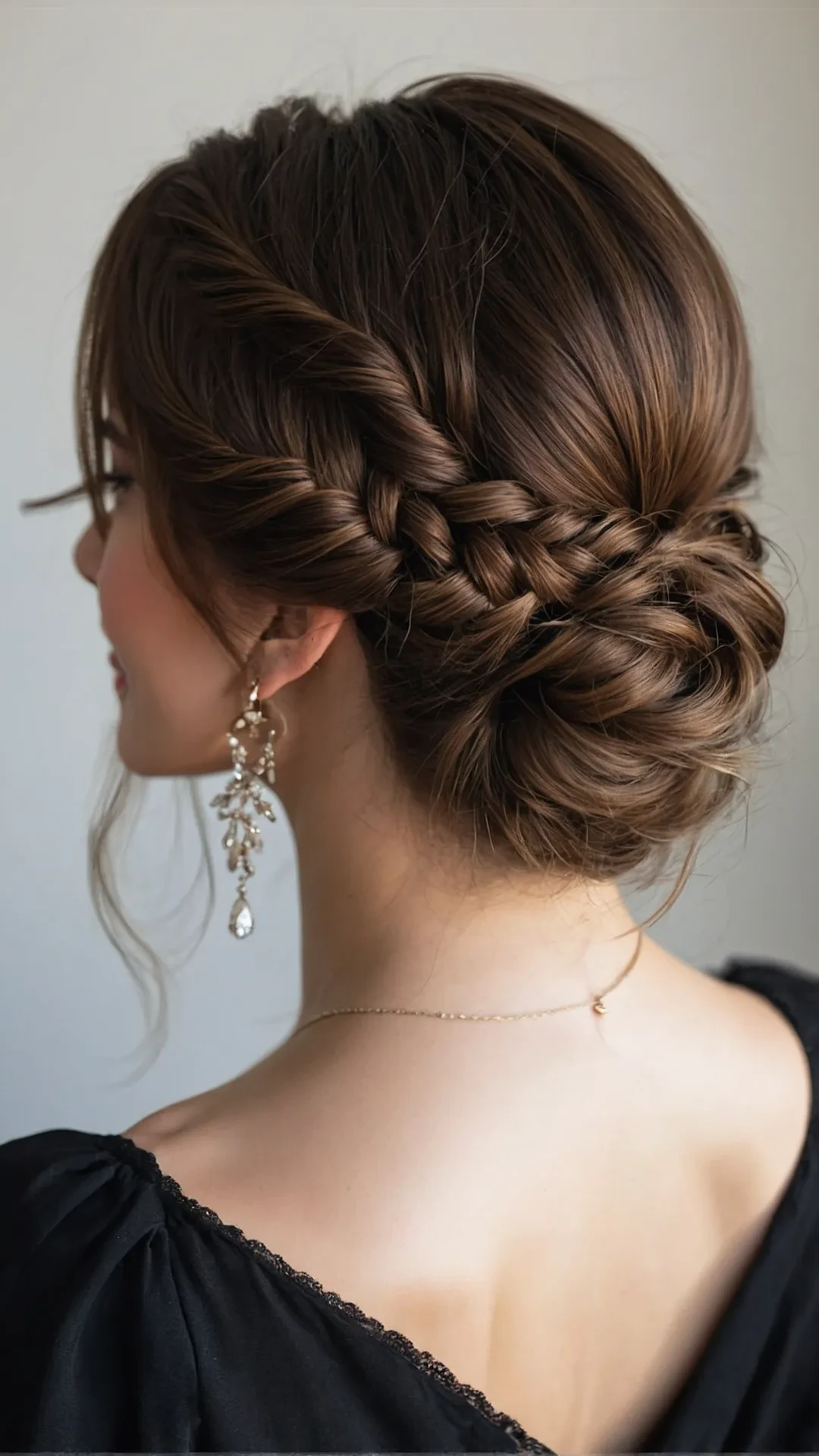 Romantic Shoulder-Length Sleek Slicked Chignon with a Braided Detail