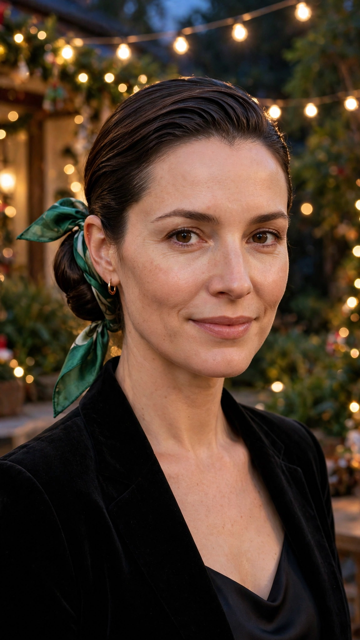 Sleek Chin-Length Sleek Slicked Chignon with a Silk Scarf Tie