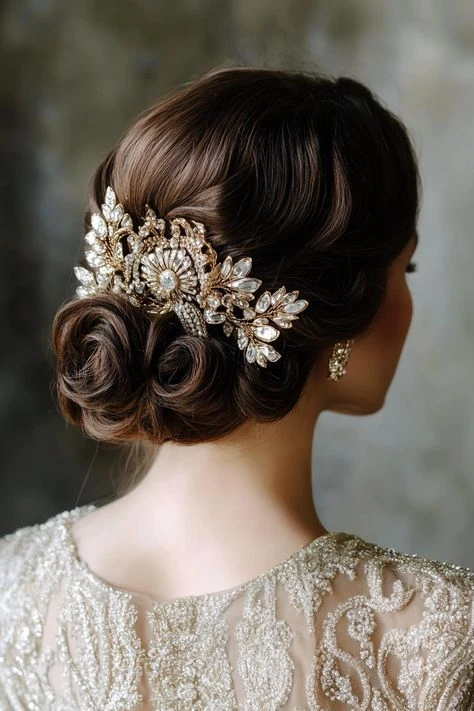 Romantic Shoulder-Length Sleek Slicked Chignon with a Crystal Comb