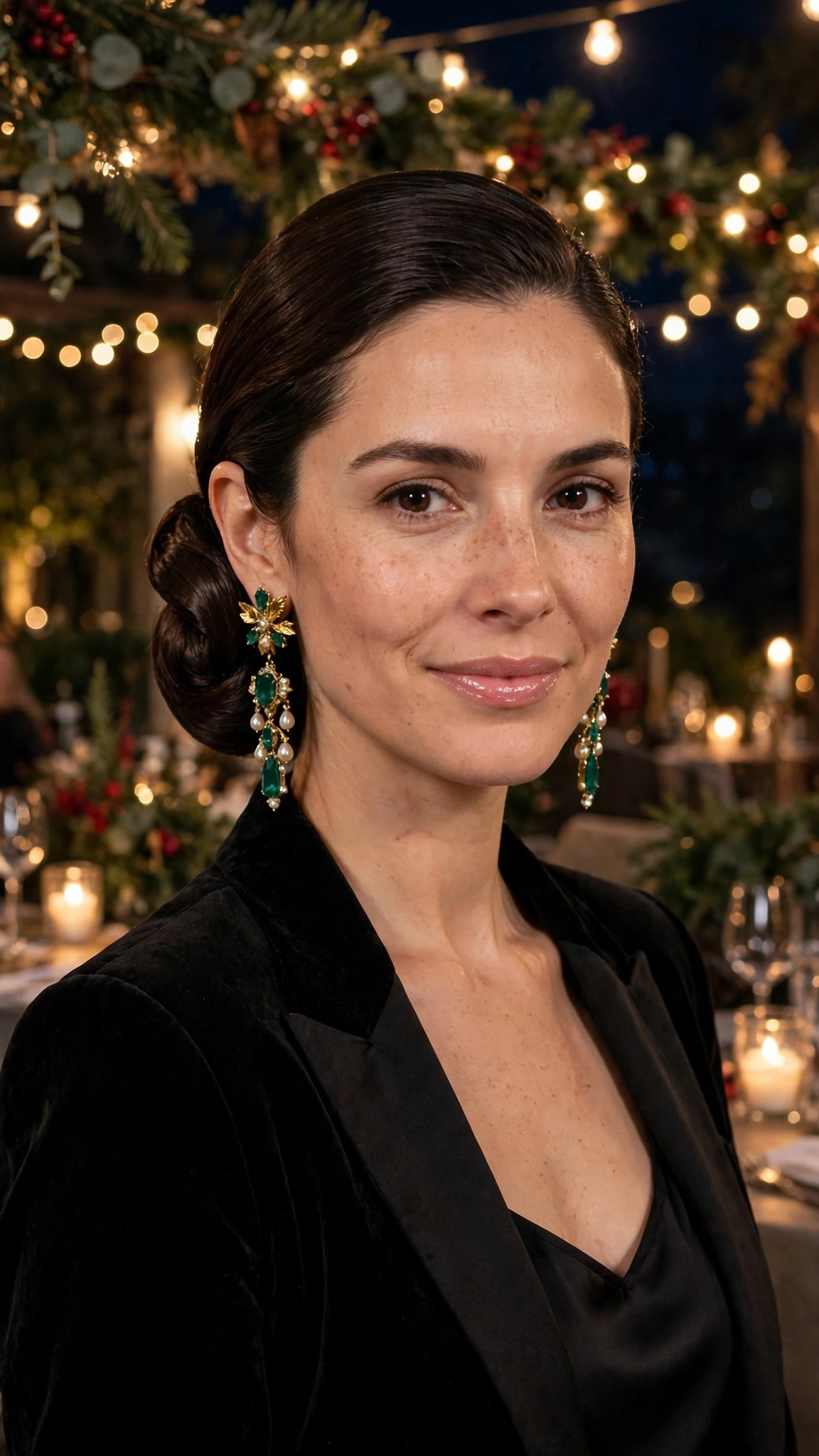 Classic Shoulder-Length Sleek Slicked Chignon with Statement Earrings
