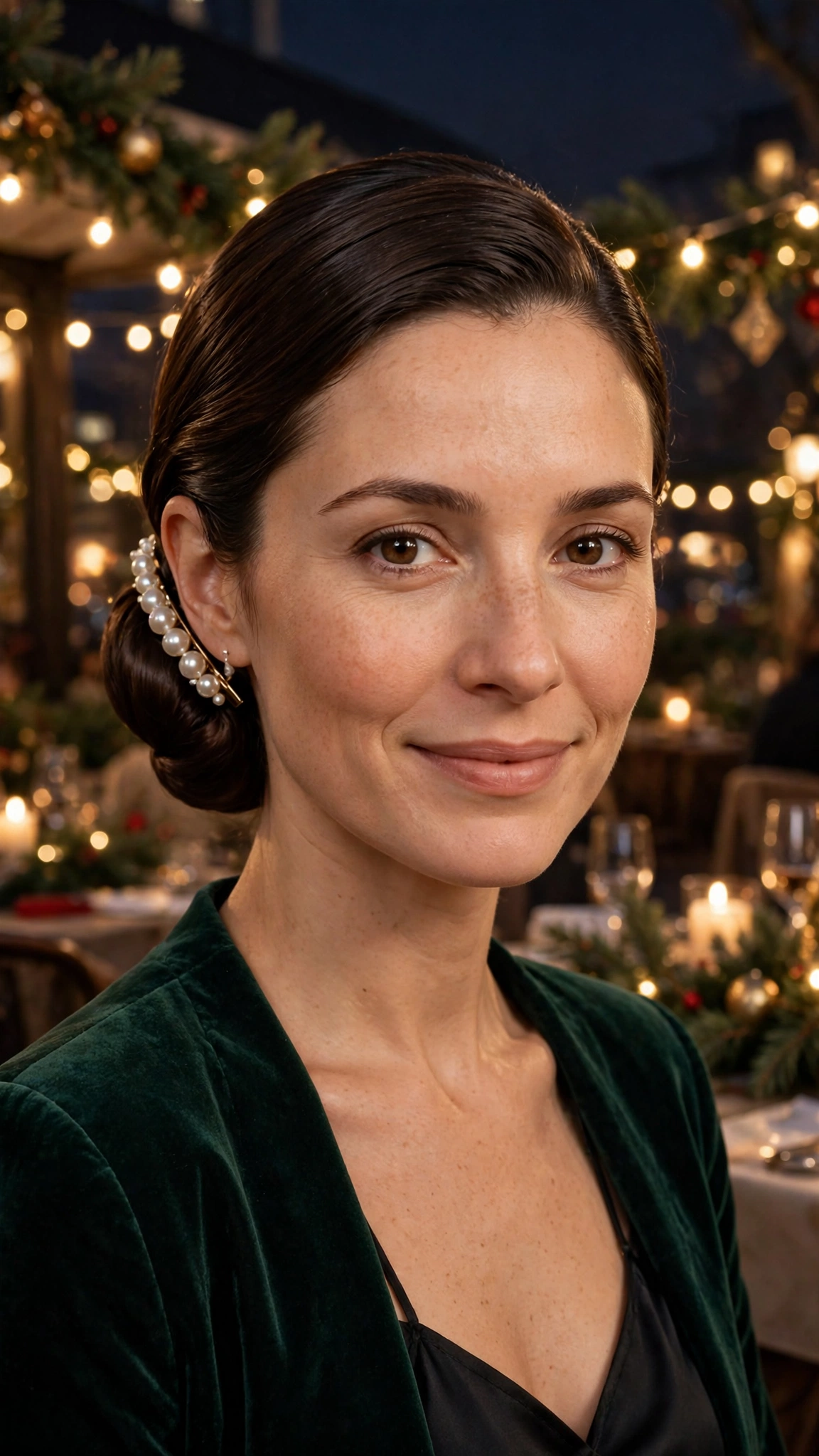Chic Chin-Length Sleek Slicked Chignon with a Pearl Barrette