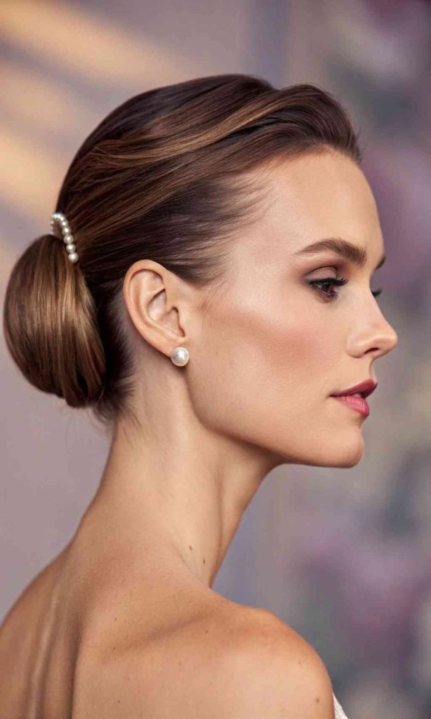 Refined Shoulder-Length Sleek Slicked Chignon with Pearl Pins