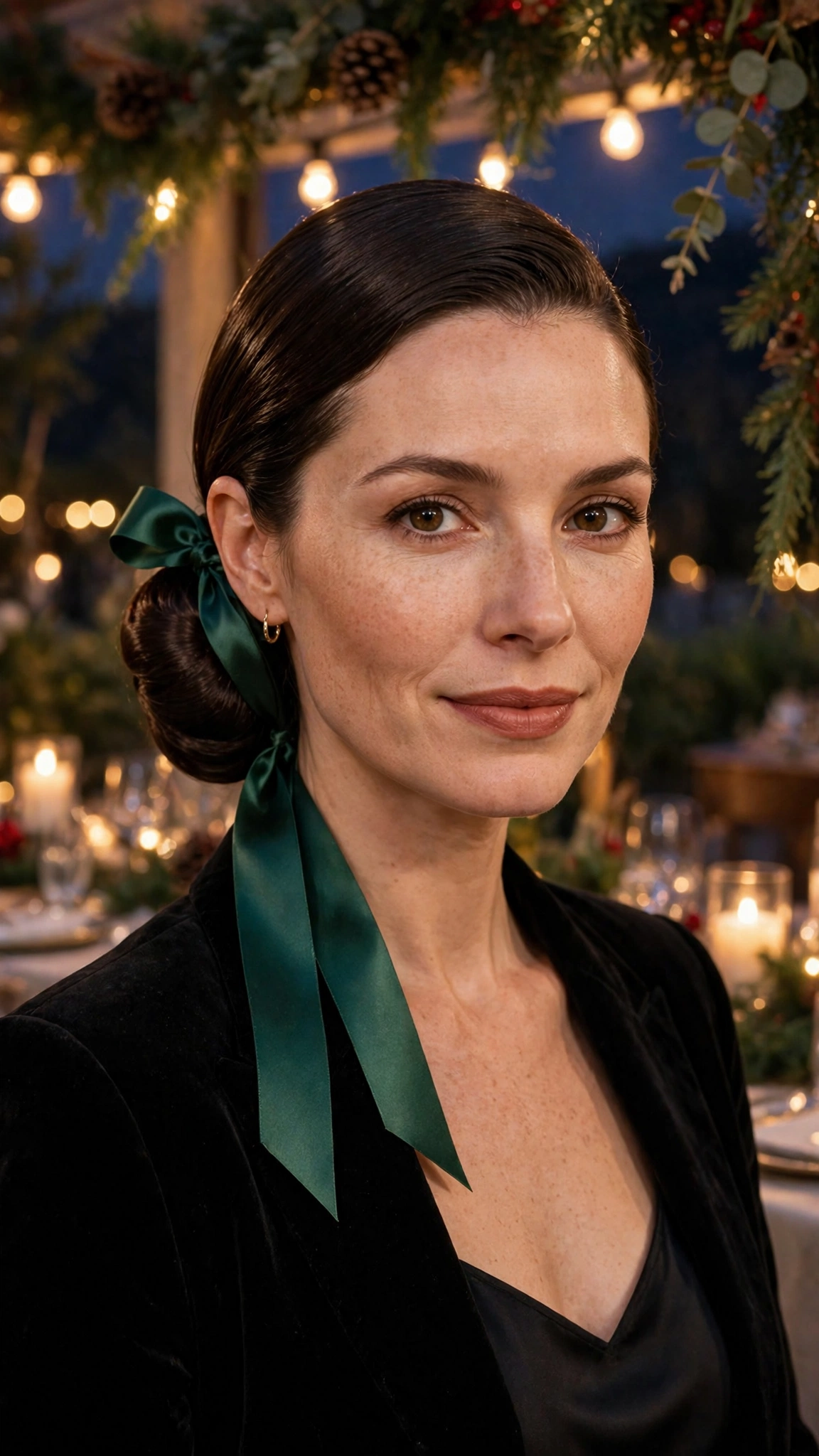 Classic Chin-Length Sleek Slicked Chignon with a Satin Ribbon
