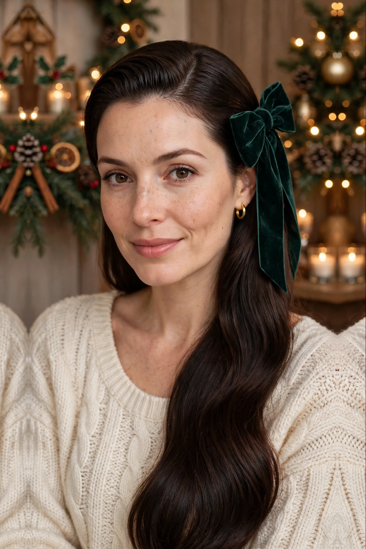 Effortless Long Deep Side-Part Slick with a Velvet Bow