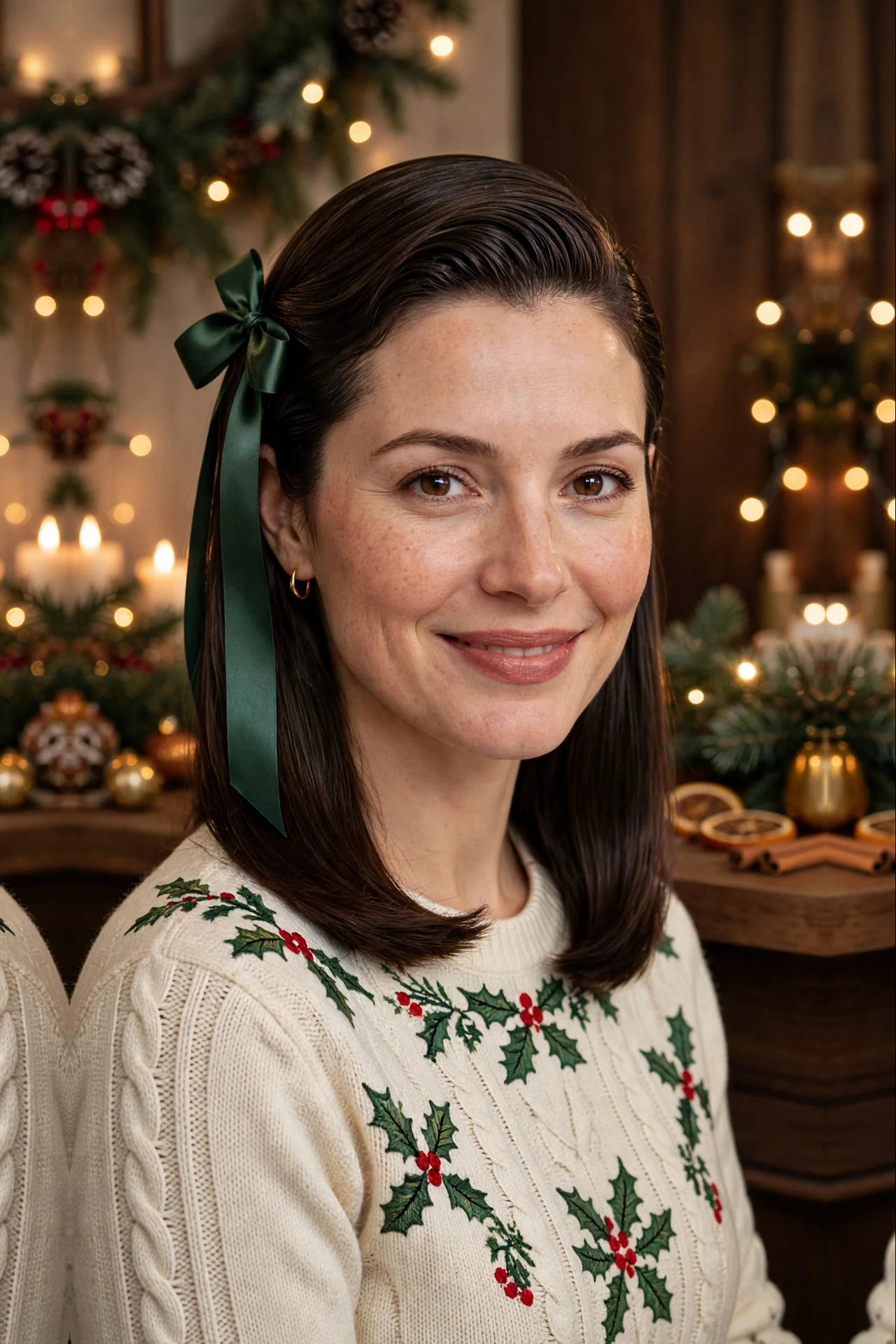Refined Shoulder-Length Deep Side-Part Slick with a Satin Ribbon