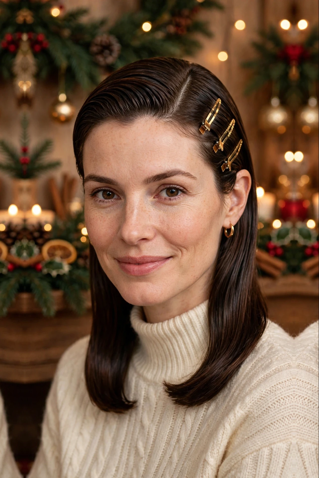 Sleek Collarbone-Length Deep Side-Part Slick with Gold Clips