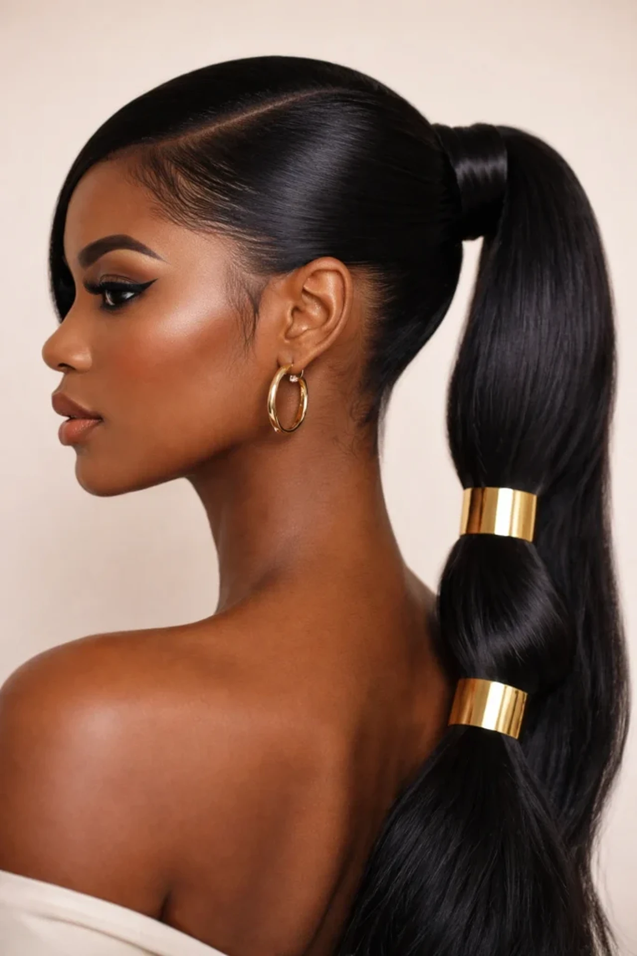 High-Shine Collarbone-Length Slick Ponytail with Gold Clips