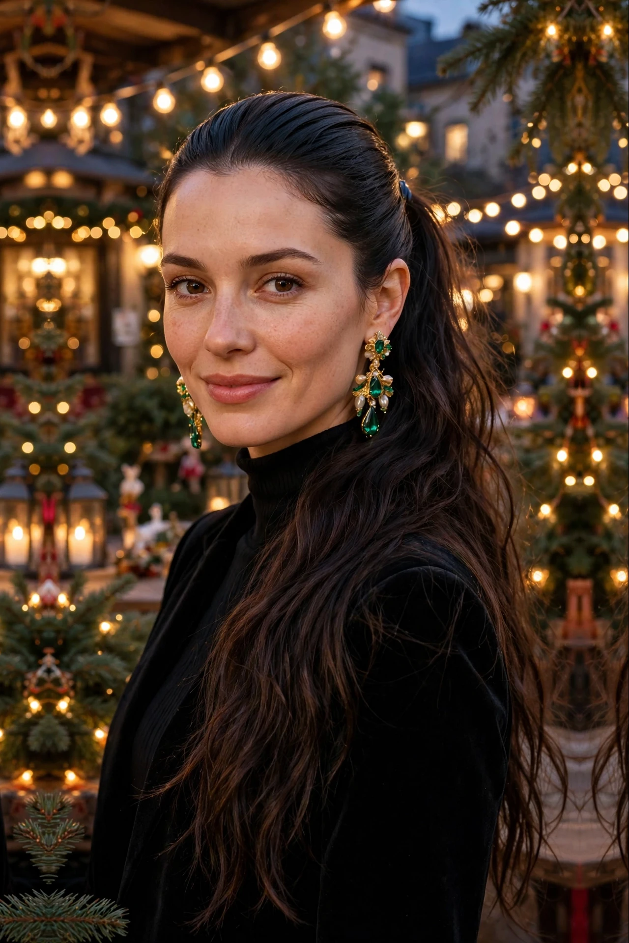 Gently Tousled Long Slick Ponytail with Statement Earrings