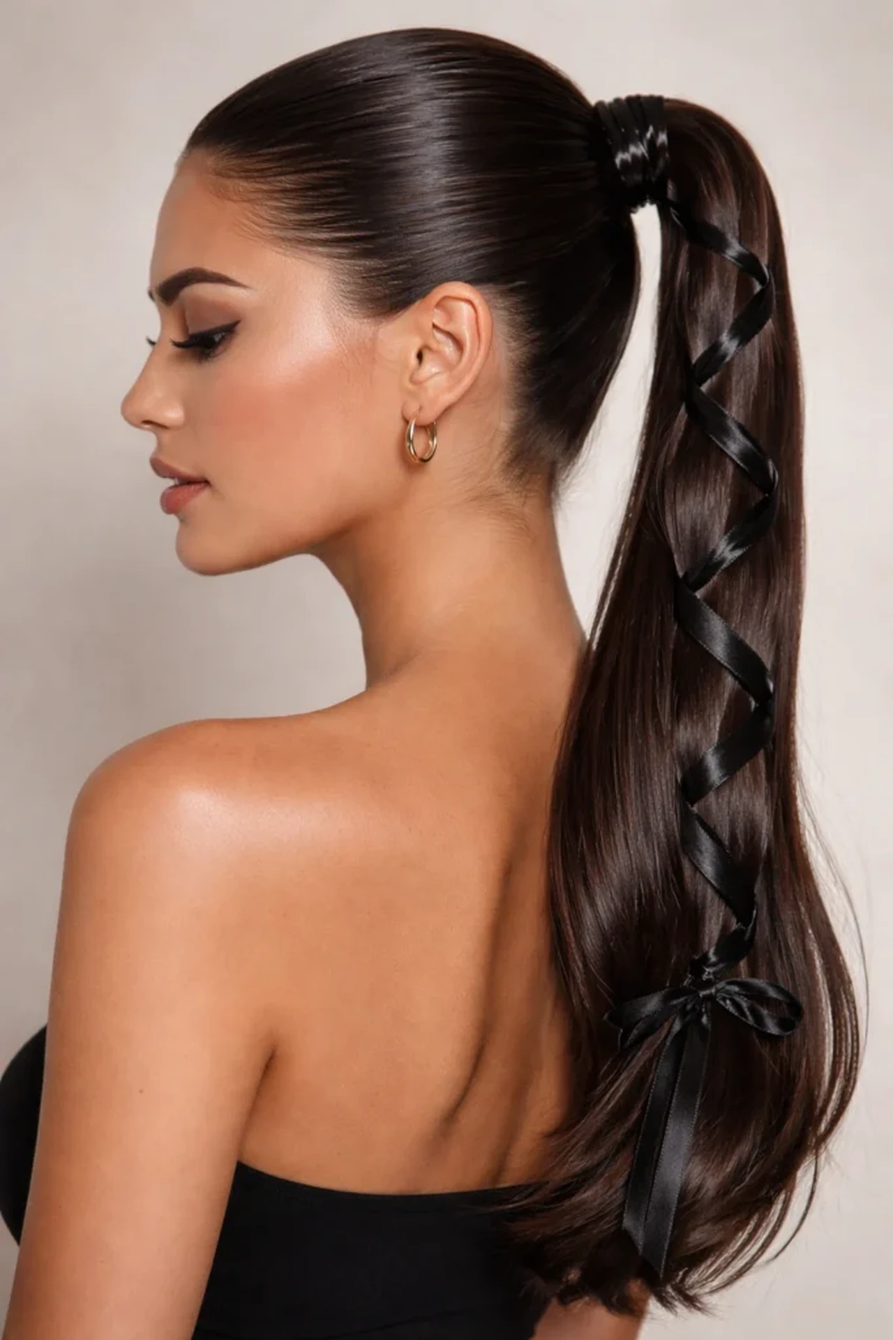 Modern Layered Long Slick Ponytail with a Satin Ribbon