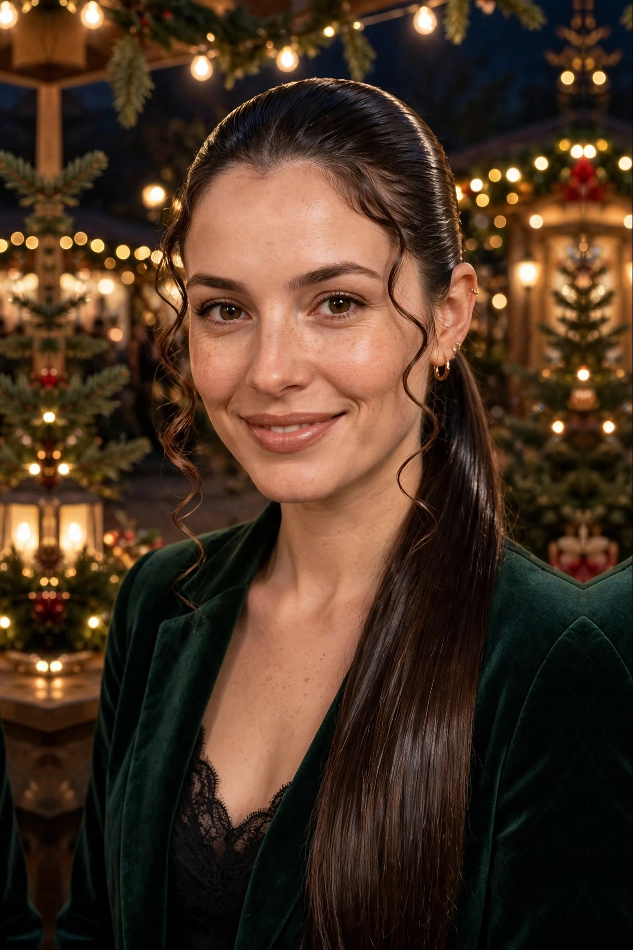 Mirror-Shine Lob-Length Slick Ponytail with Loose Tendrils