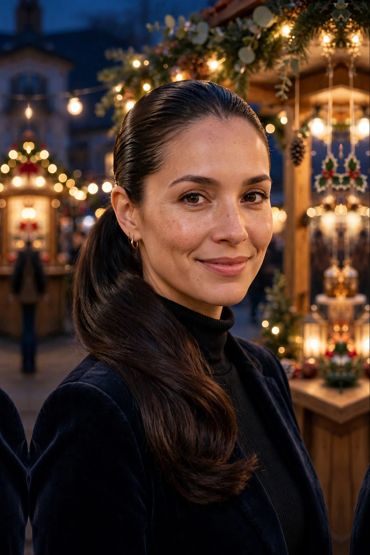 Voluminous Shoulder-Length Slick Ponytail with a Low Nape Finish