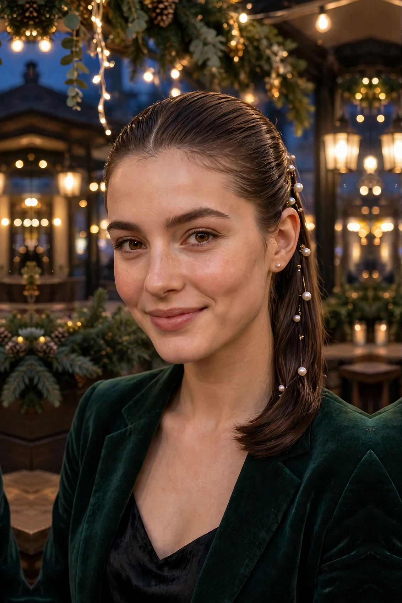 Romantic Chin-Length Slick Ponytail with Pearl Pins