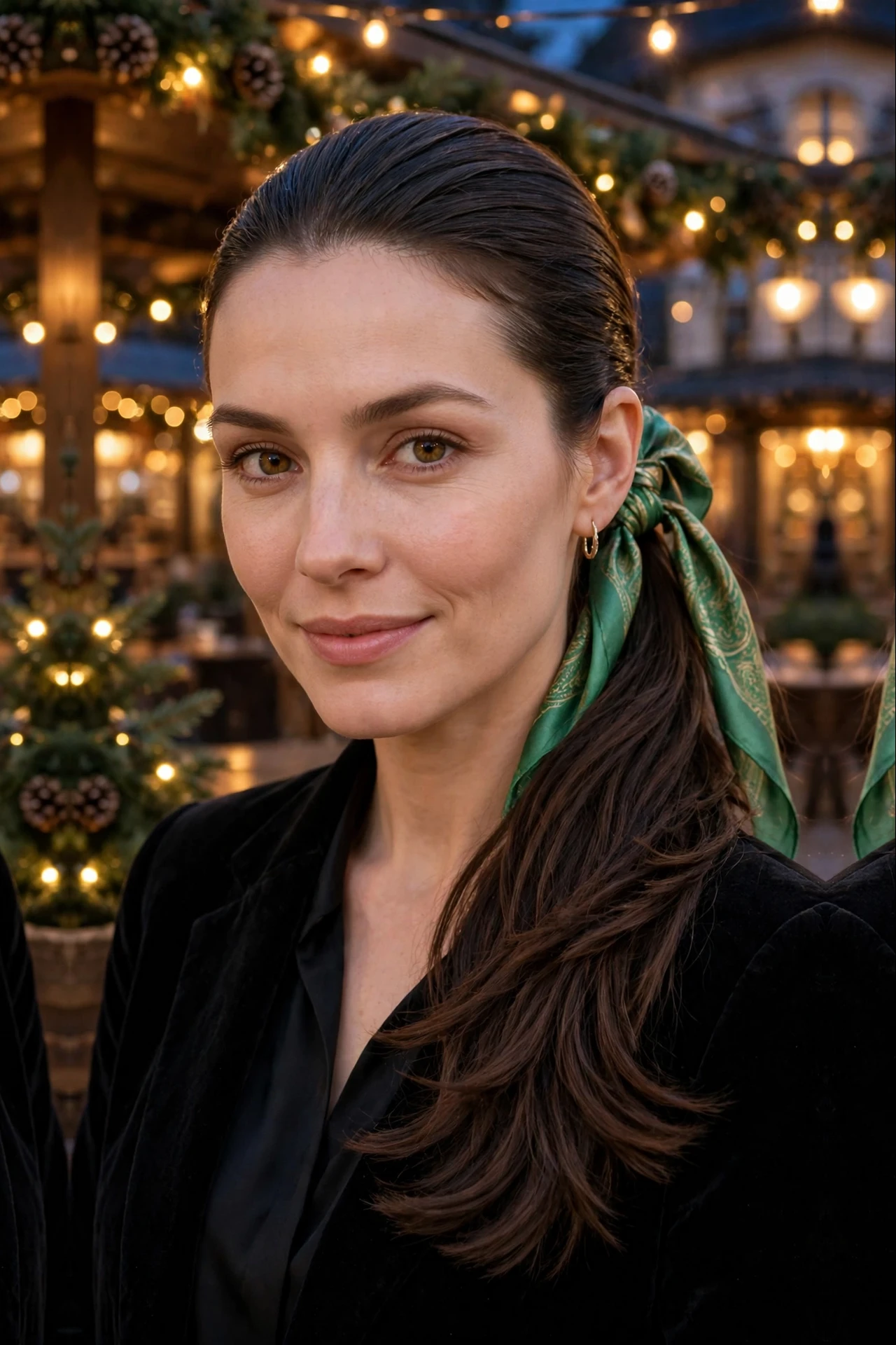 Feathered Mid-Length Slick Ponytail with a Silk Scarf Tie