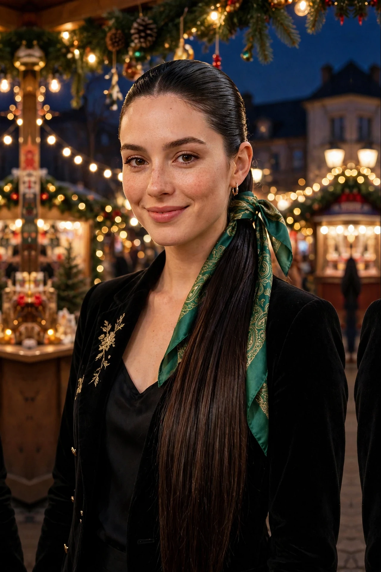 Sleek Layered Long Slick Ponytail with a Silk Scarf Tie