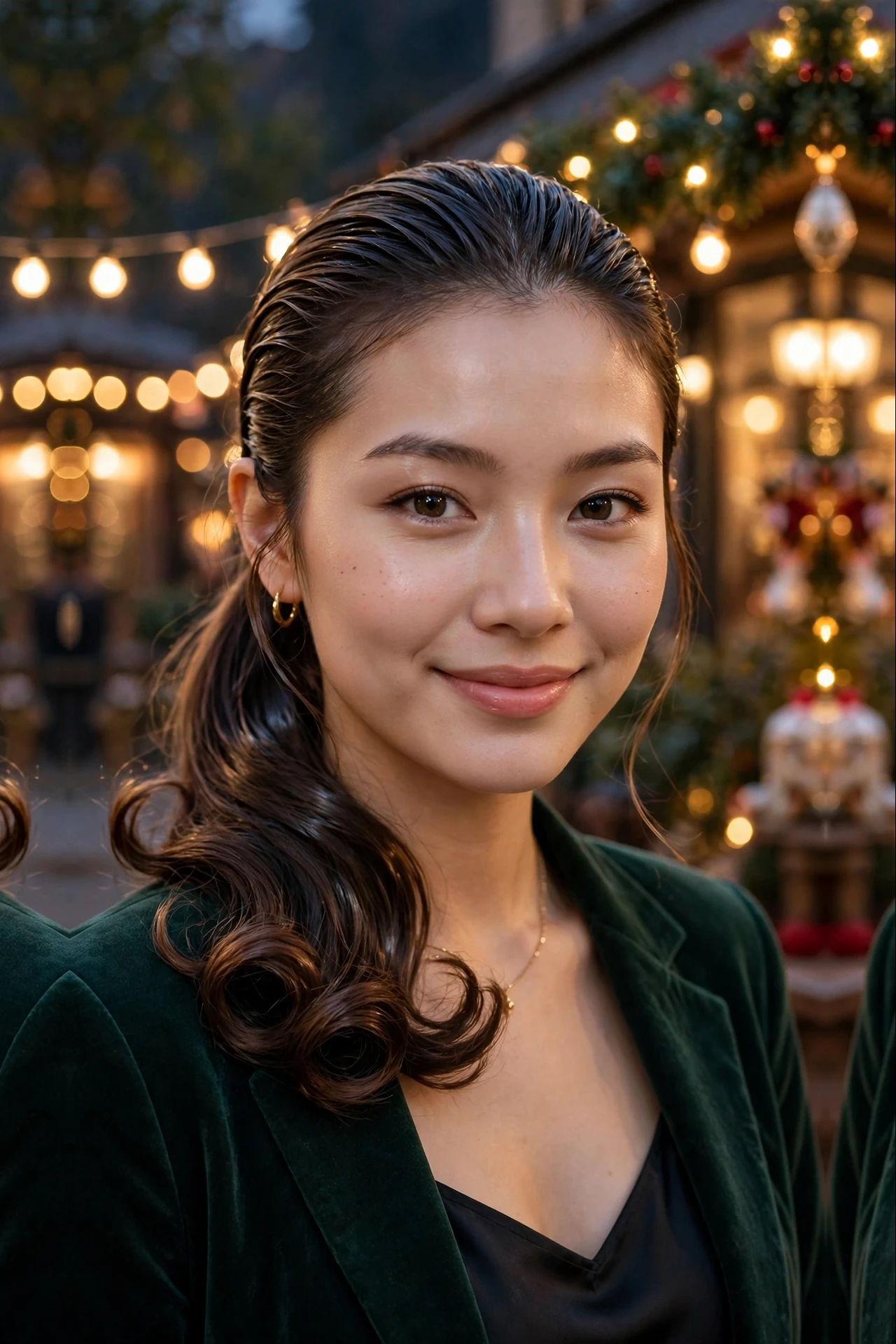 Luminous Chin-Length Slick Ponytail with Soft Curls at the Ends