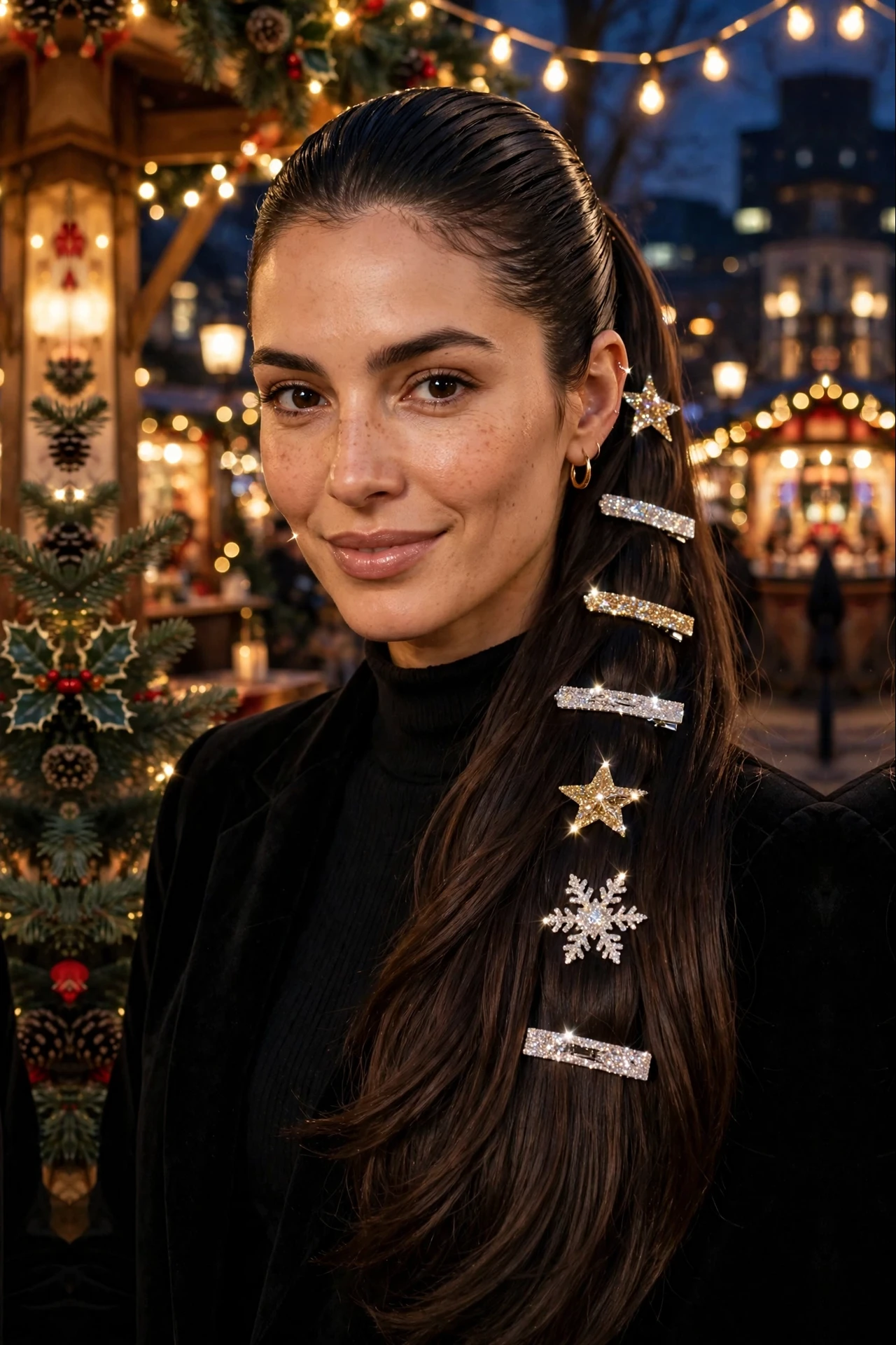 Modern Layered Long Slick Ponytail with Glitter Clips