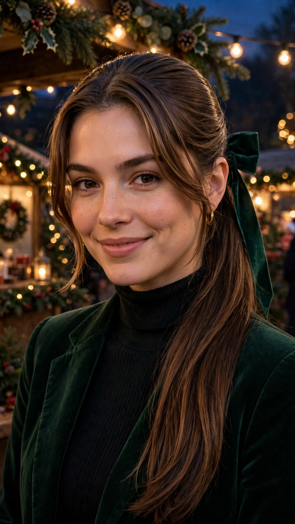 Feathered Mid-Length Slick Ponytail with a Velvet Bow