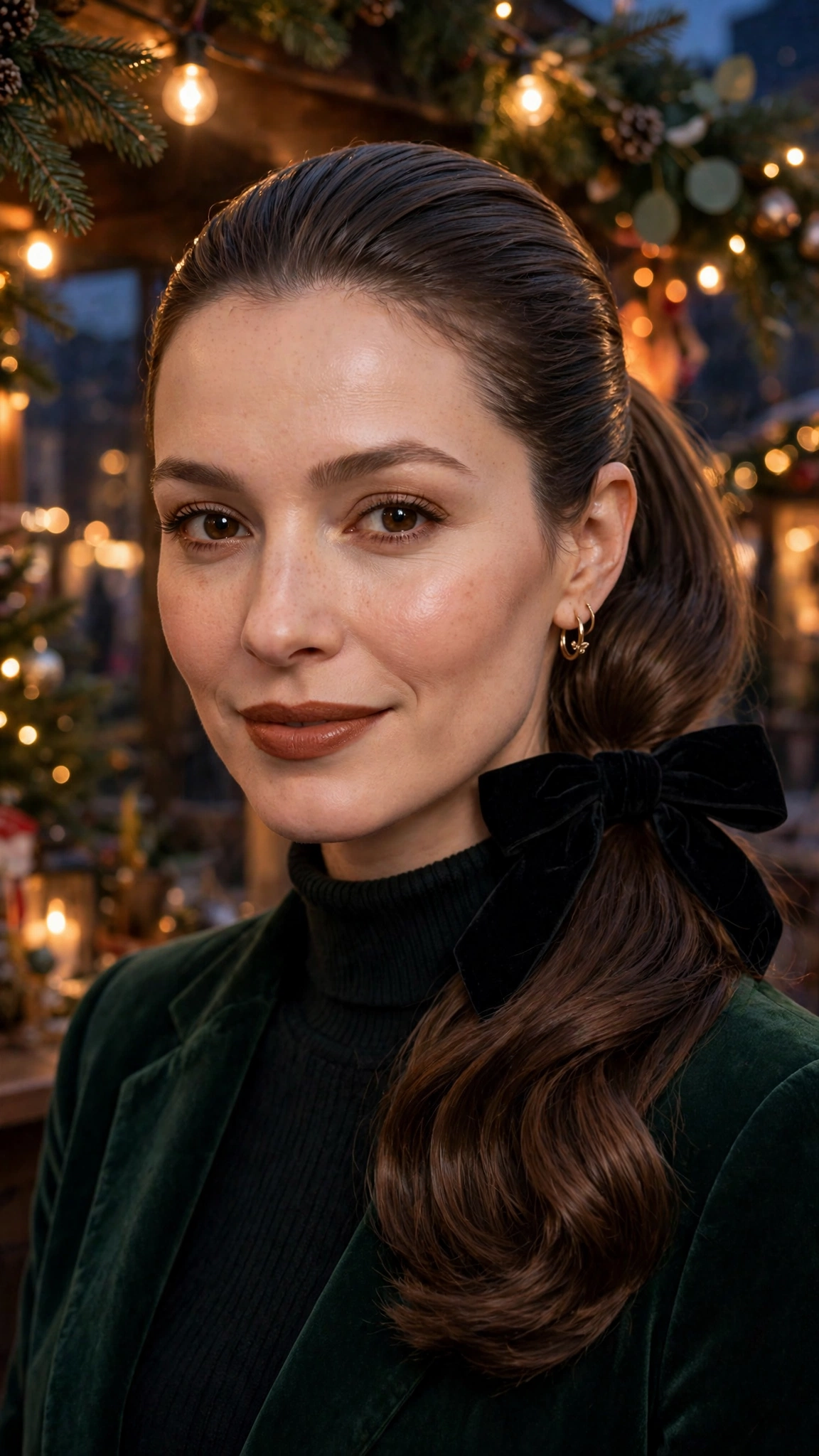 Voluminous Mid-Length Slick Ponytail with a Velvet Bow