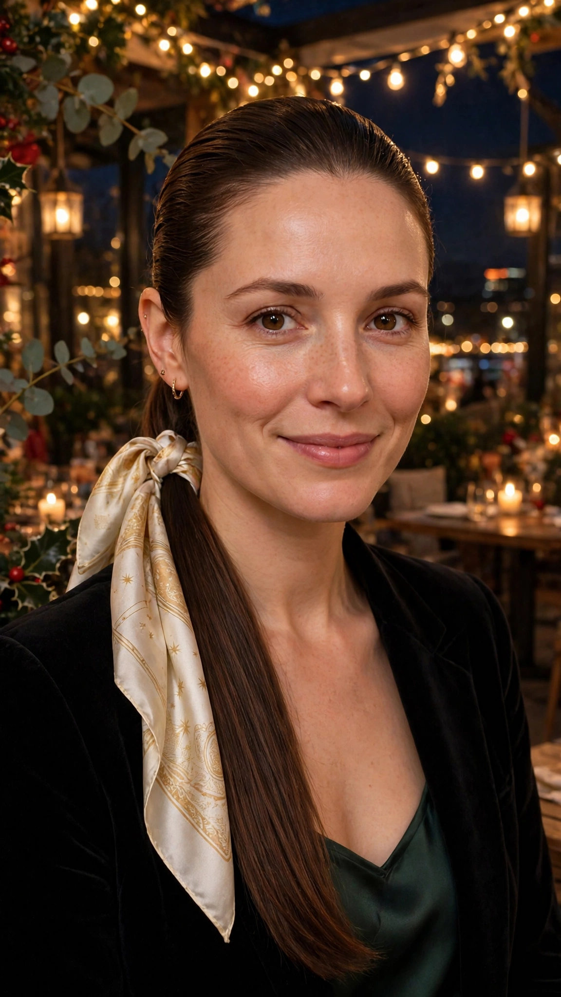 Sleek Collarbone-Length Slick Ponytail with a Silk Scarf Tie