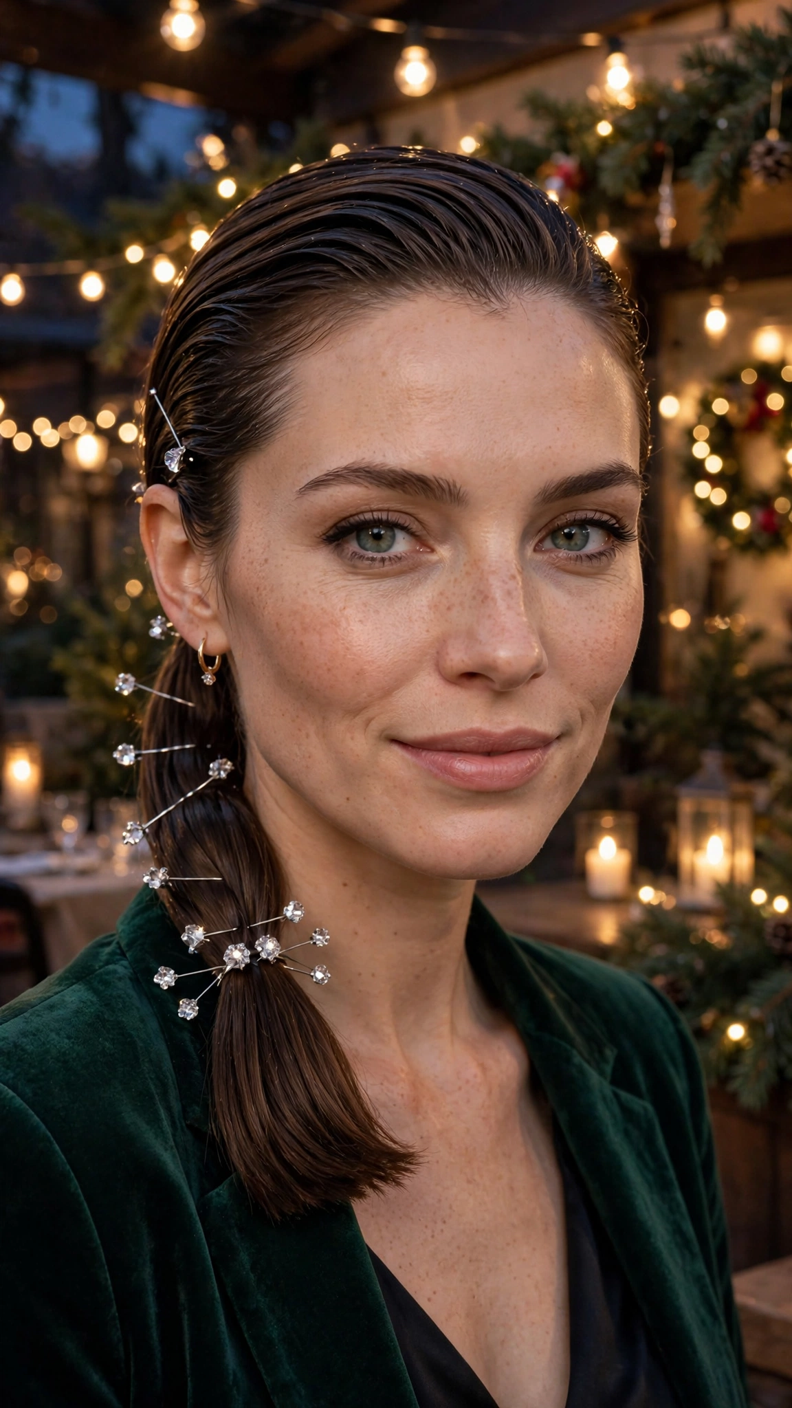 Refined Chin-Length Slick Ponytail with Crystal Pins