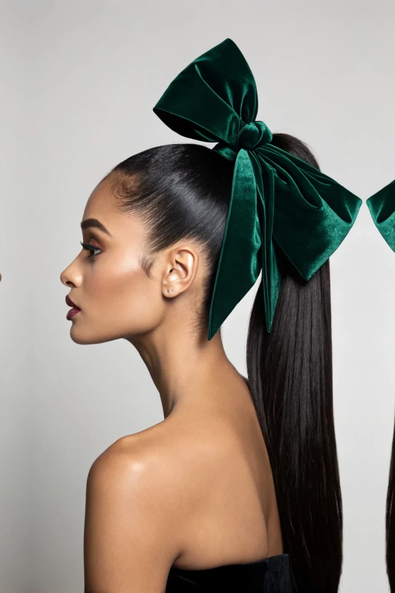Sleek Shoulder-Length Slick Ponytail with a Velvet Bow