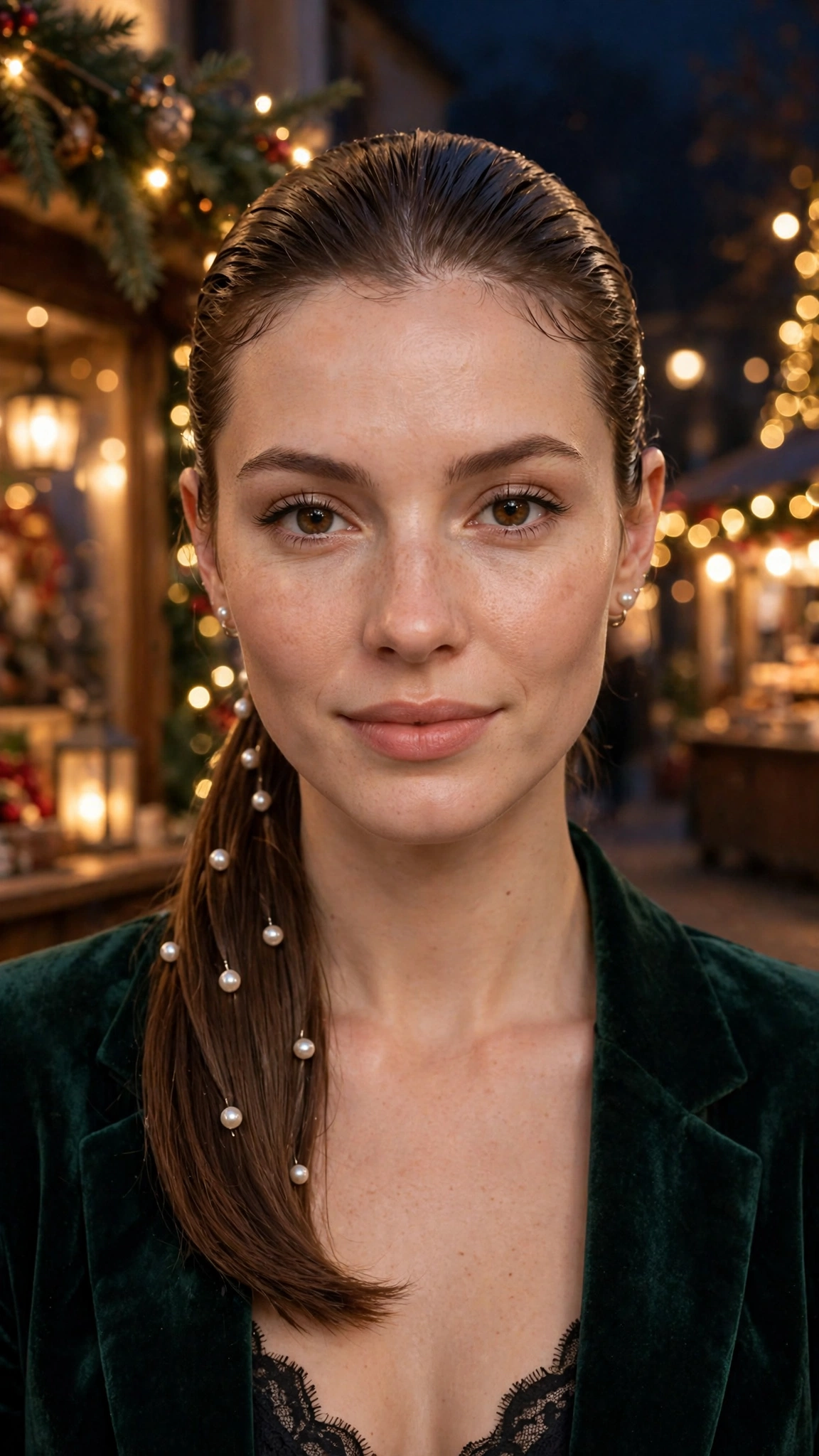 Dreamy Collarbone-Length Slick Ponytail with Pearl Pins