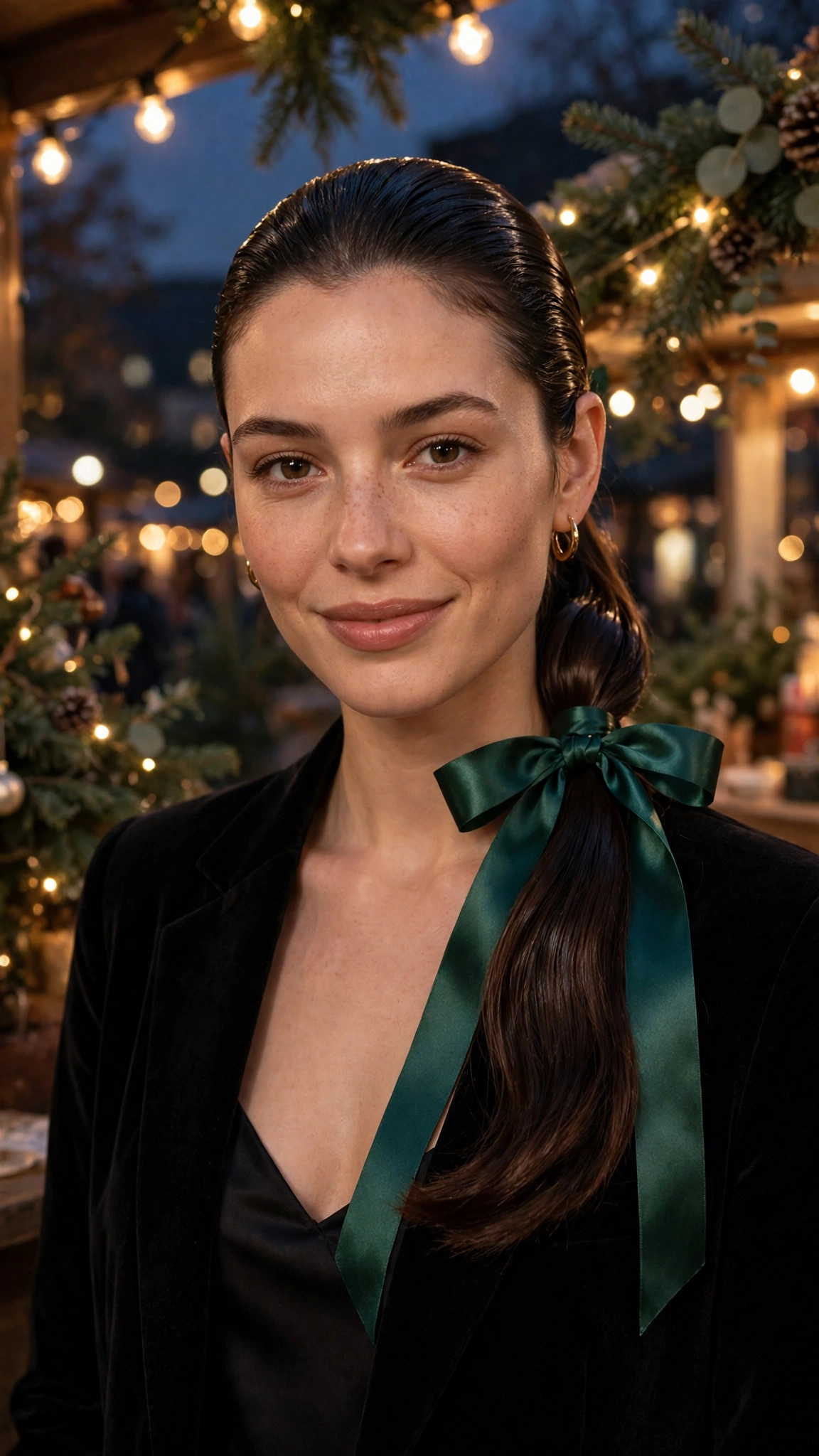 Sculpted Lob-Length Slick Ponytail with a Satin Ribbon