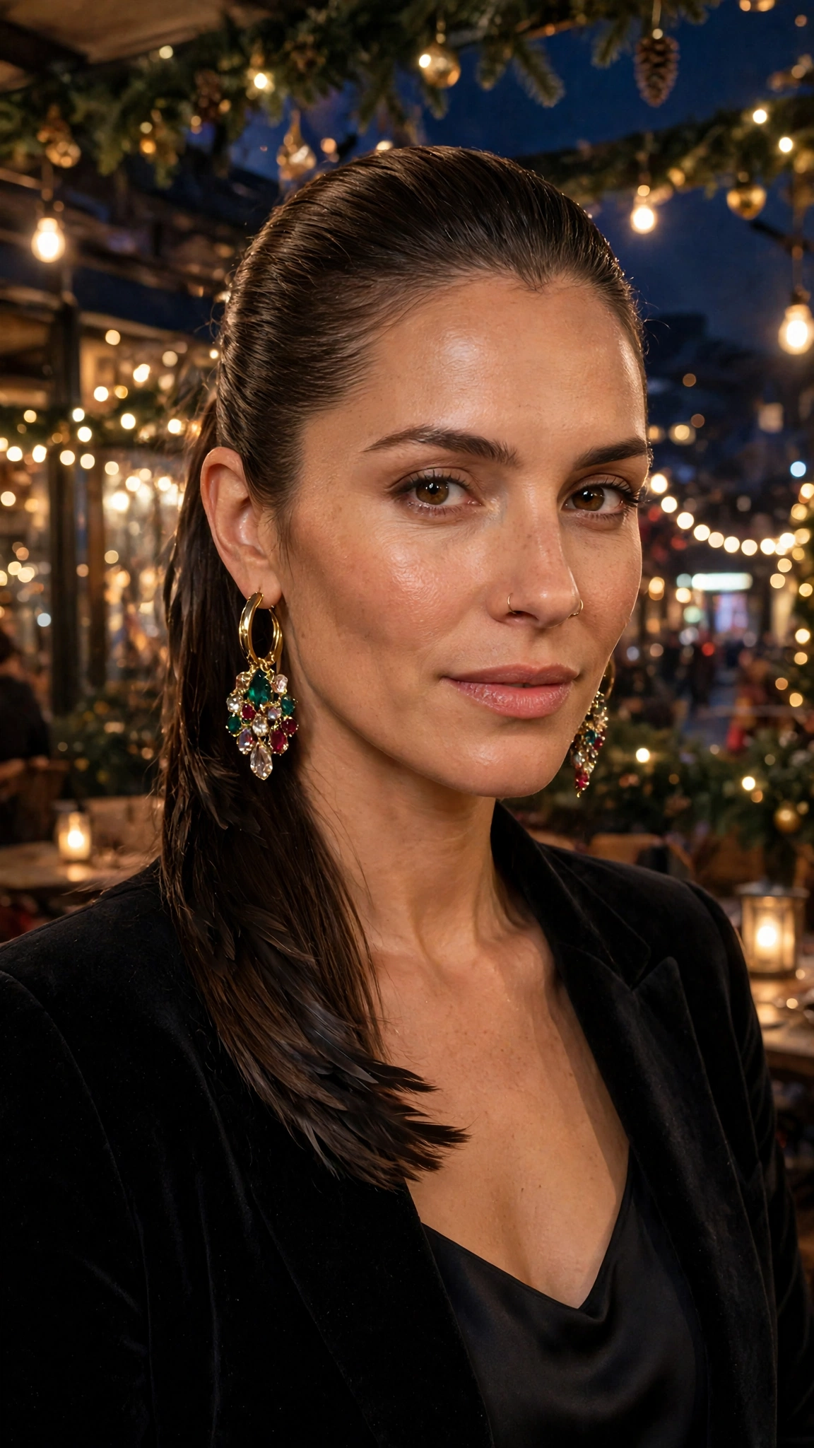 Feathered Collarbone-Length Slick Ponytail with Statement Earrings
