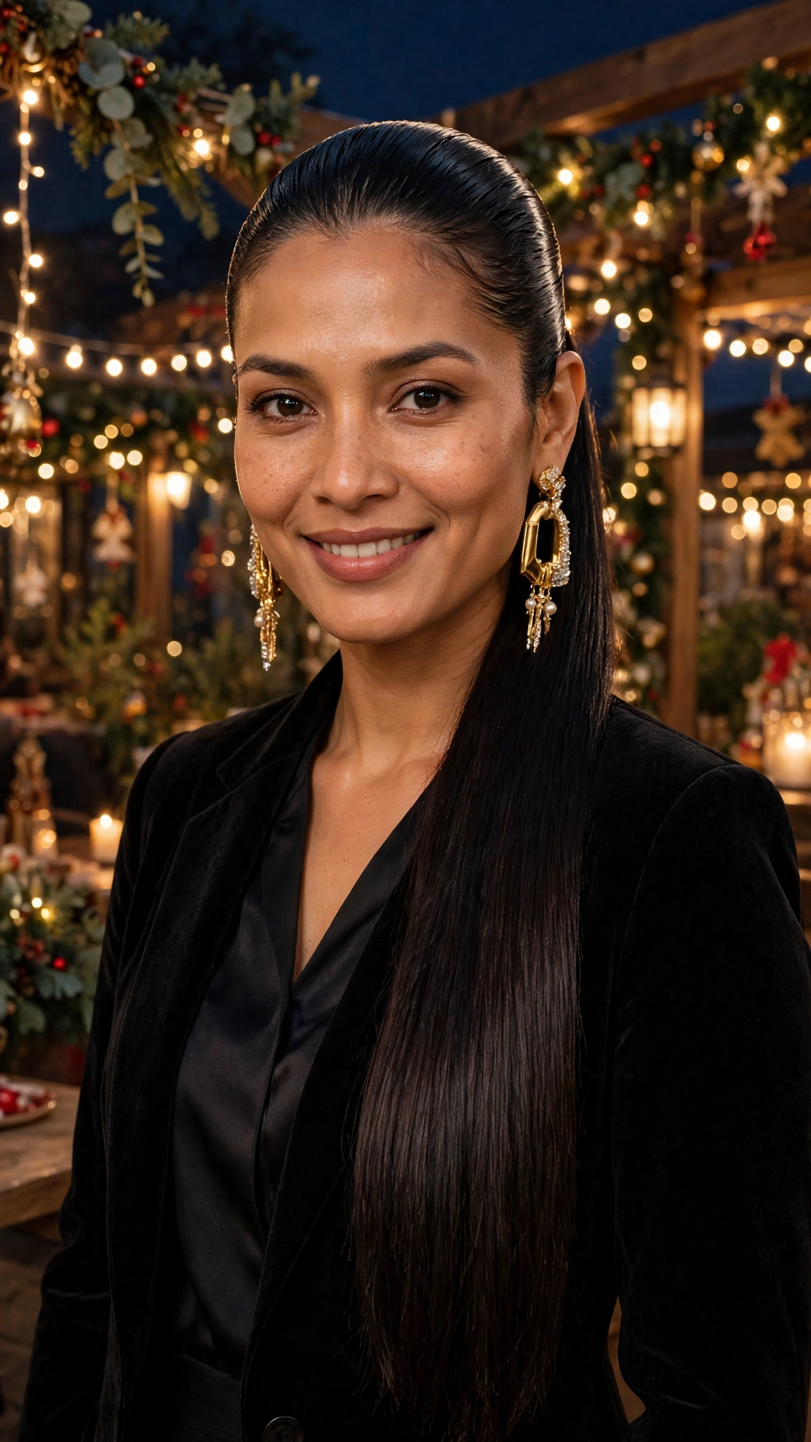 Sleek Long Slick Ponytail with Statement Earrings