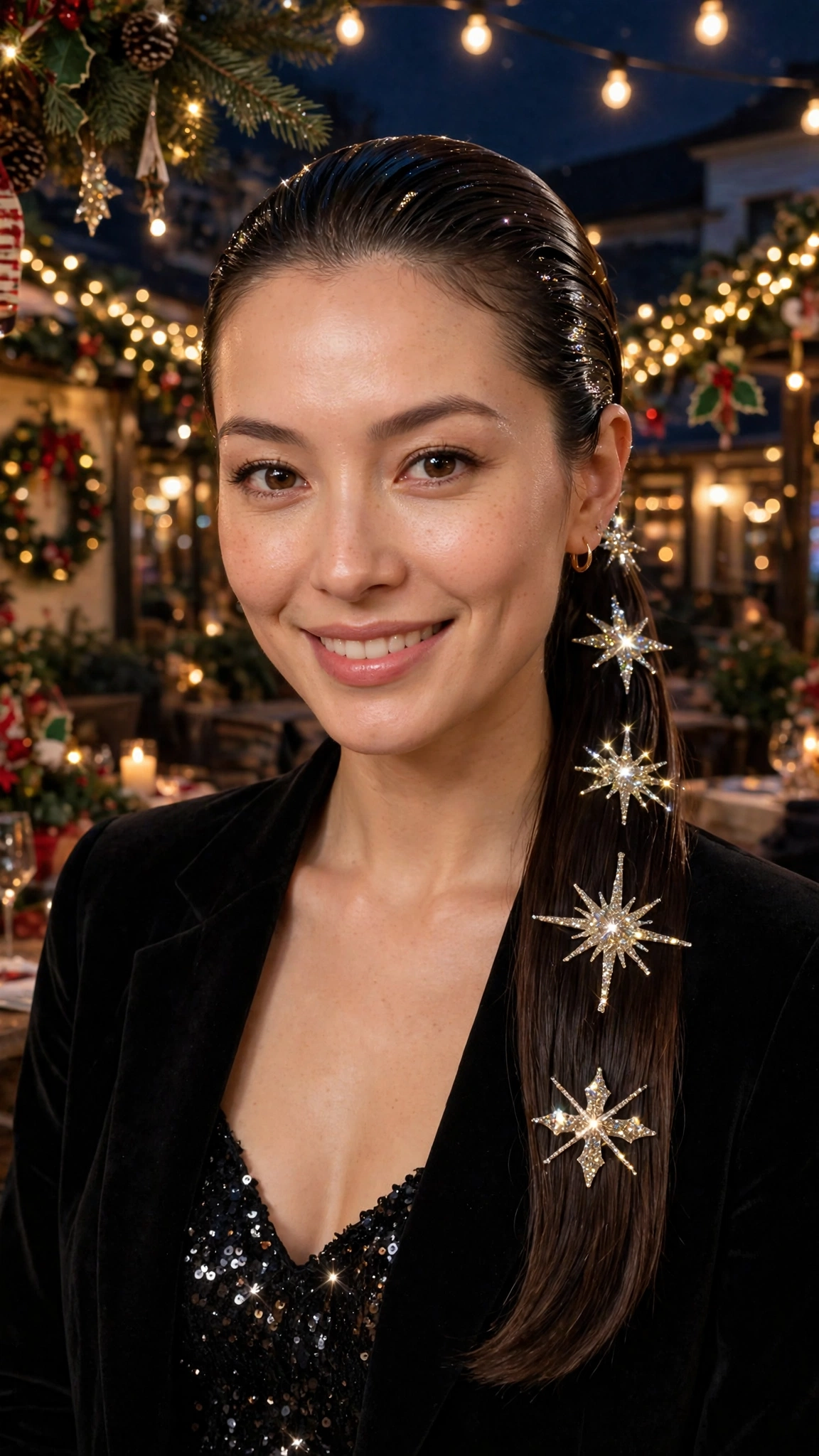 Sculpted Lob-Length Slick Ponytail with Glitter Clips