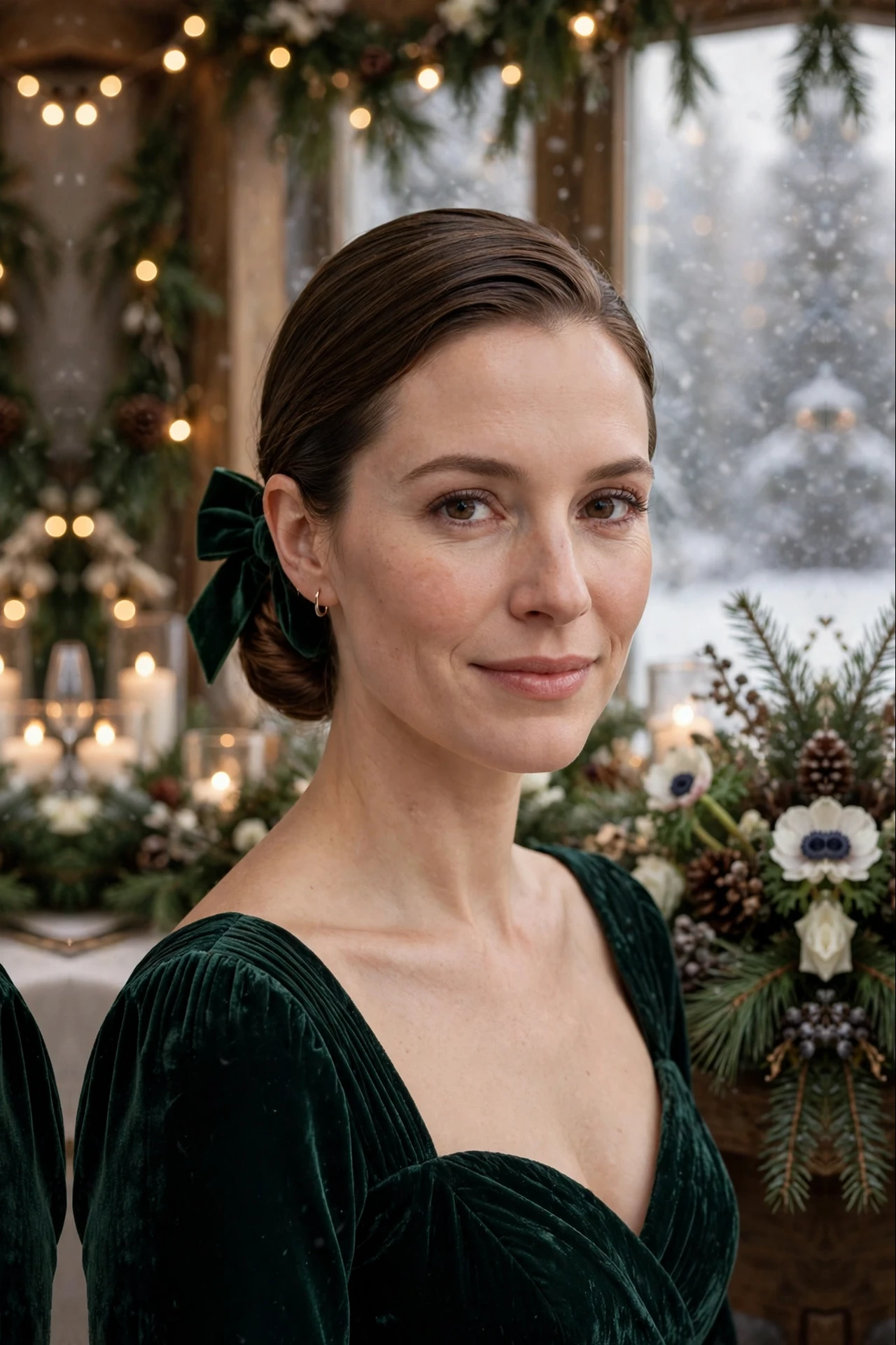 Refined Lob-Length Slicked Low Bun with a Velvet Bow