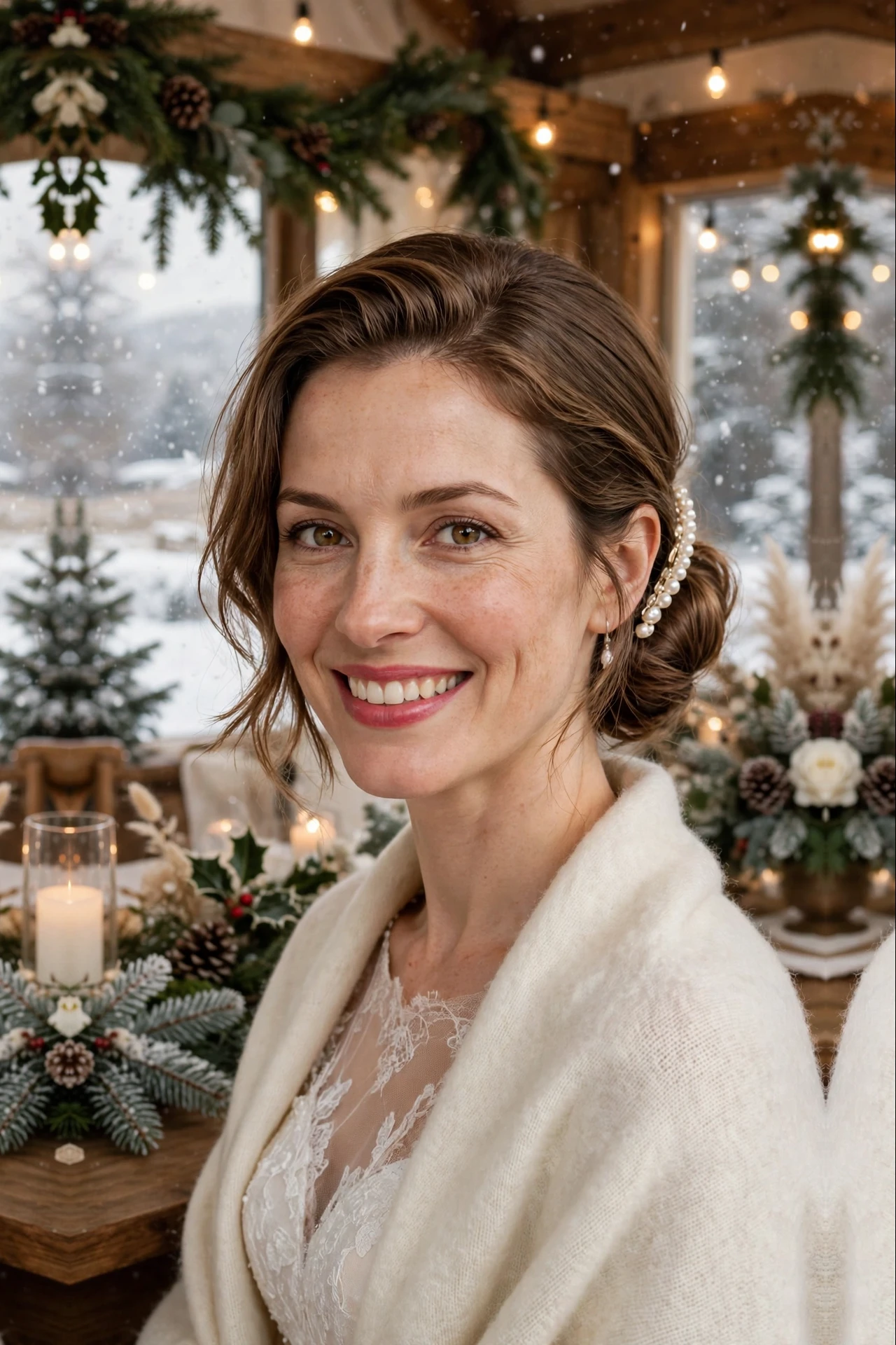 Gently Tousled Chin-Length Slicked Low Bun with a Pearl Barrette