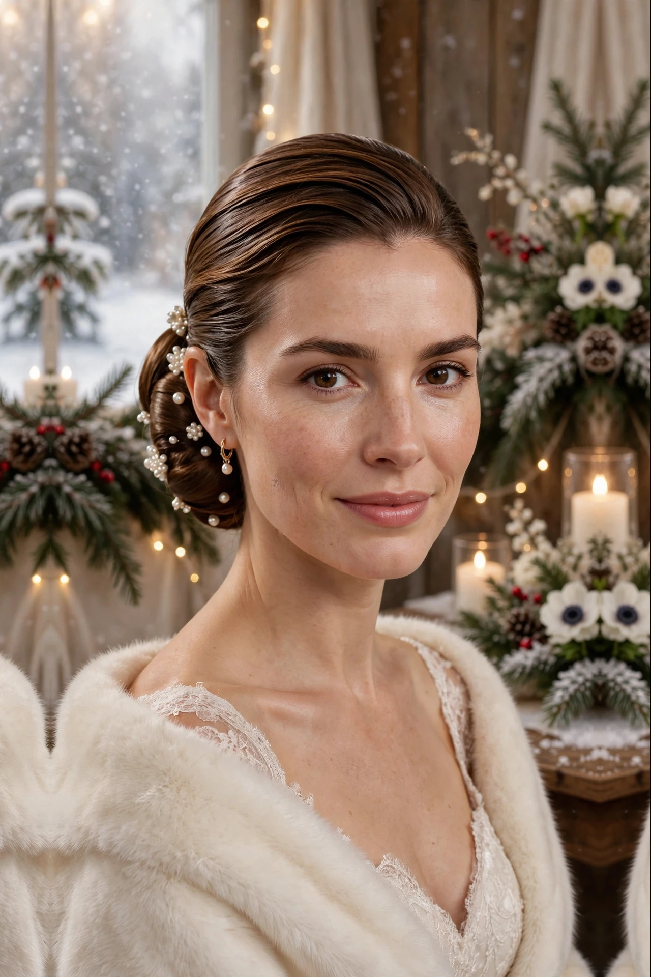High-Shine Layered Long Slicked Low Bun with Pearl Pins
