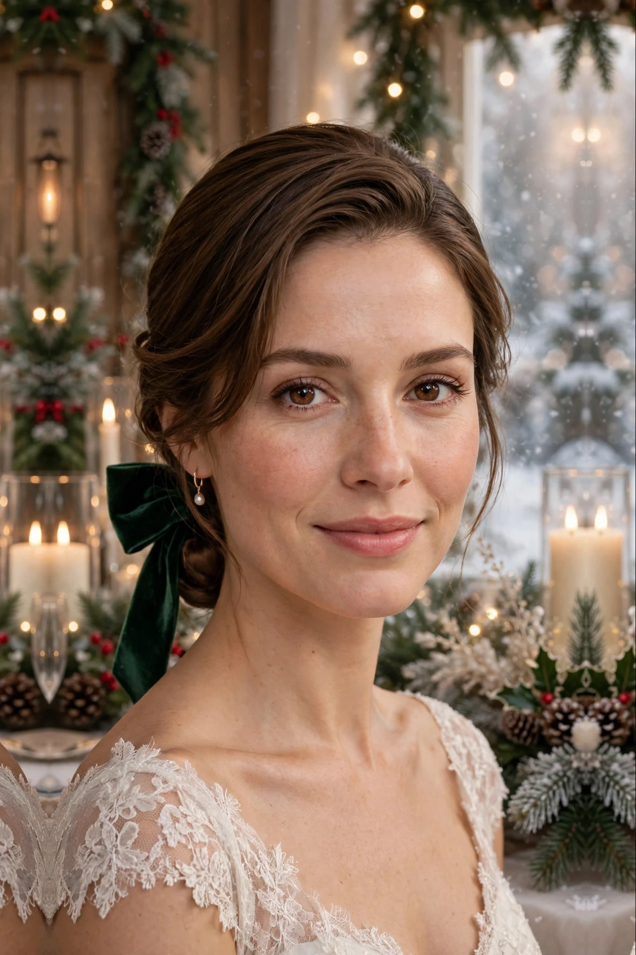 Gently Tousled Layered Long Slicked Low Bun with a Velvet Bow
