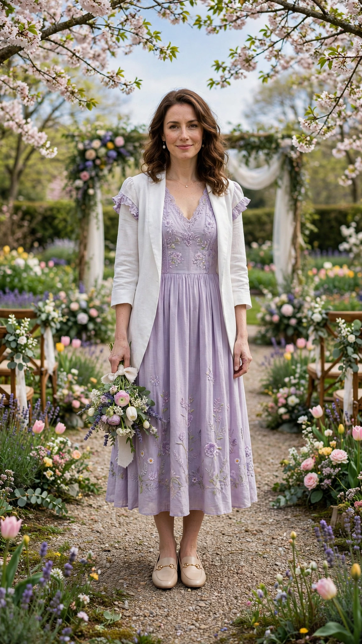 Lavender Easter Dress Outfit with a white lightweight coat and loafers