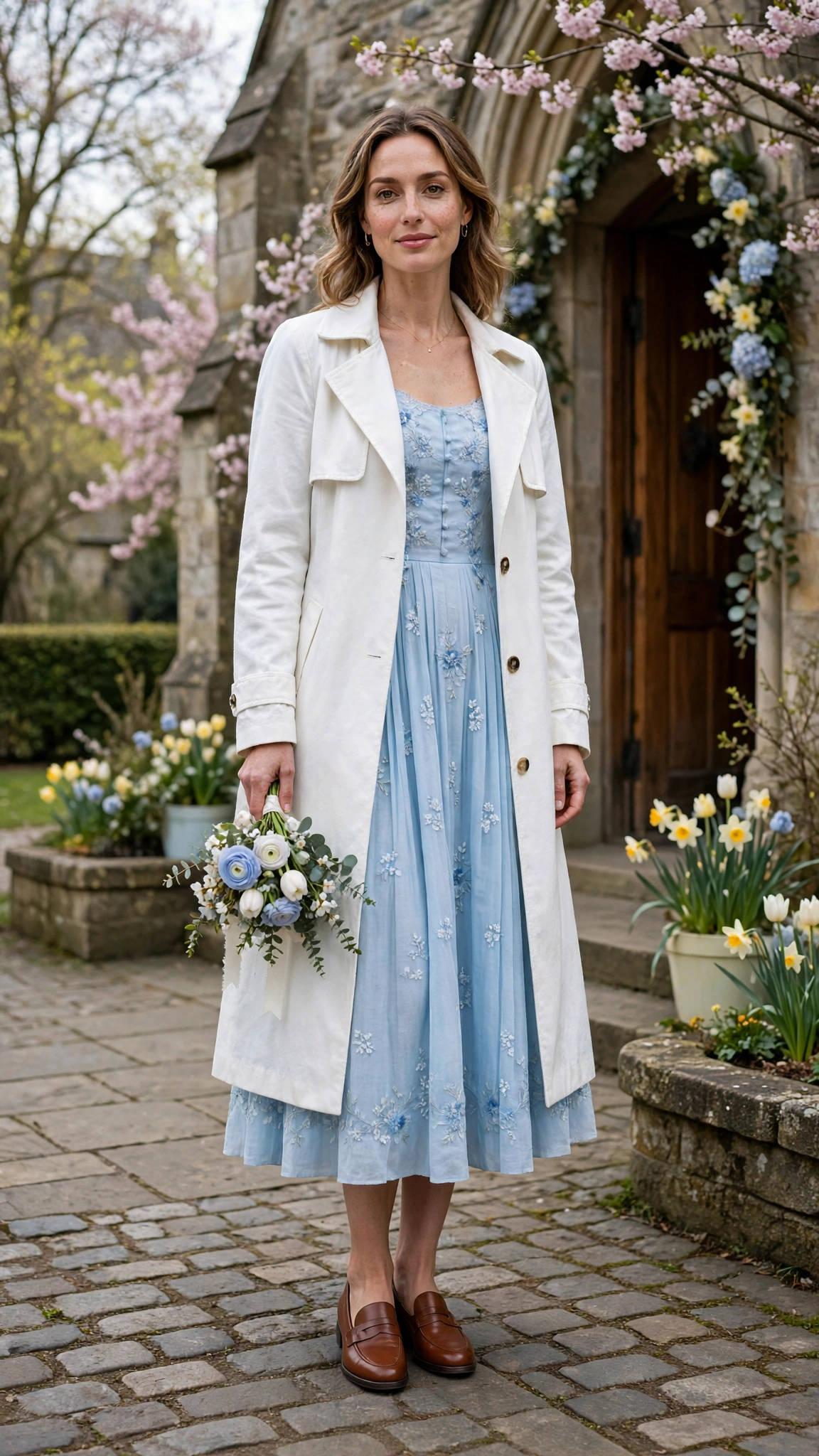 Baby Blue Easter Dress Outfit with a white lightweight coat and loafers