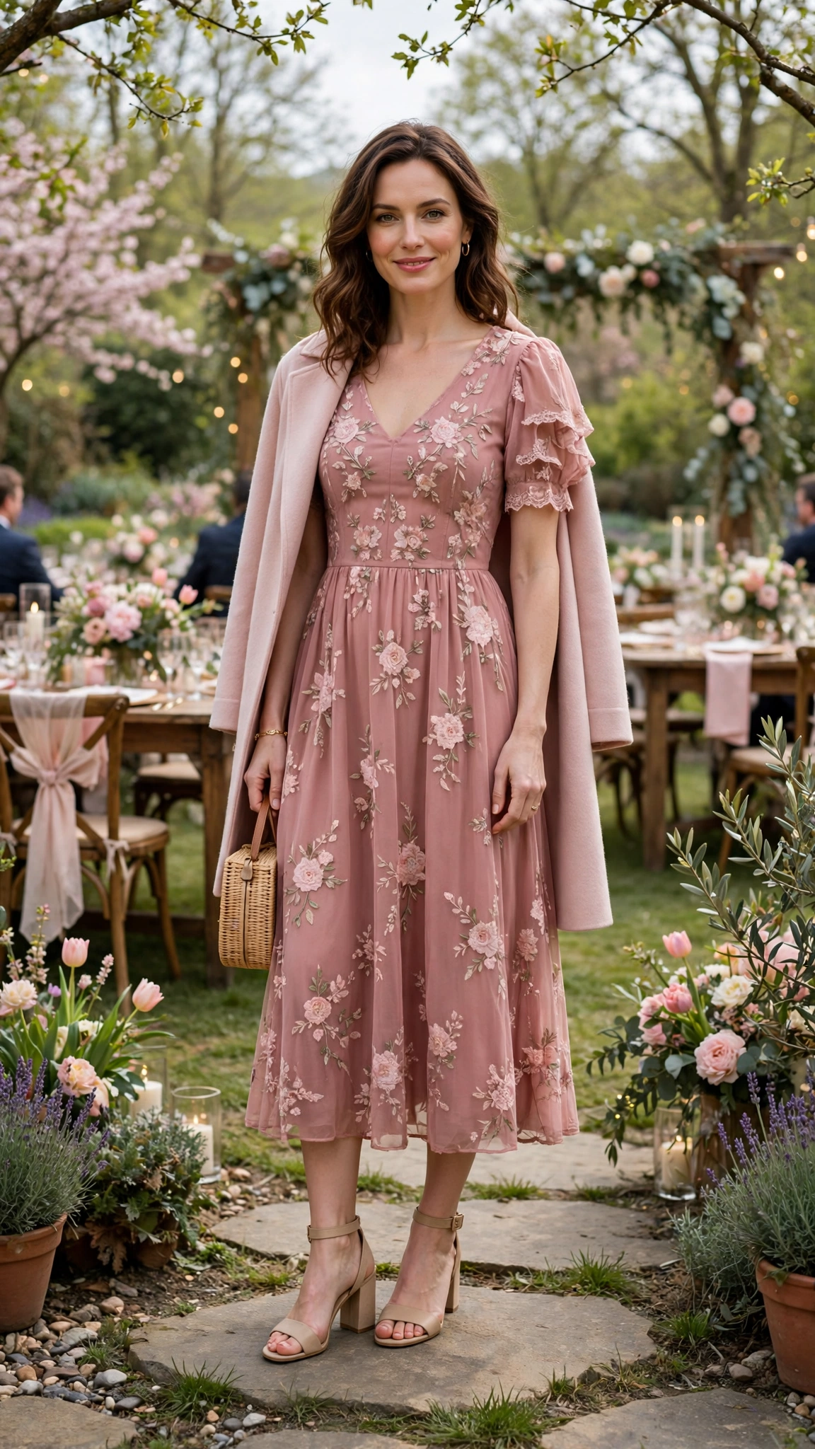 Dusty Rose Easter Dress Outfit with a blush coat and block-heel sandals
